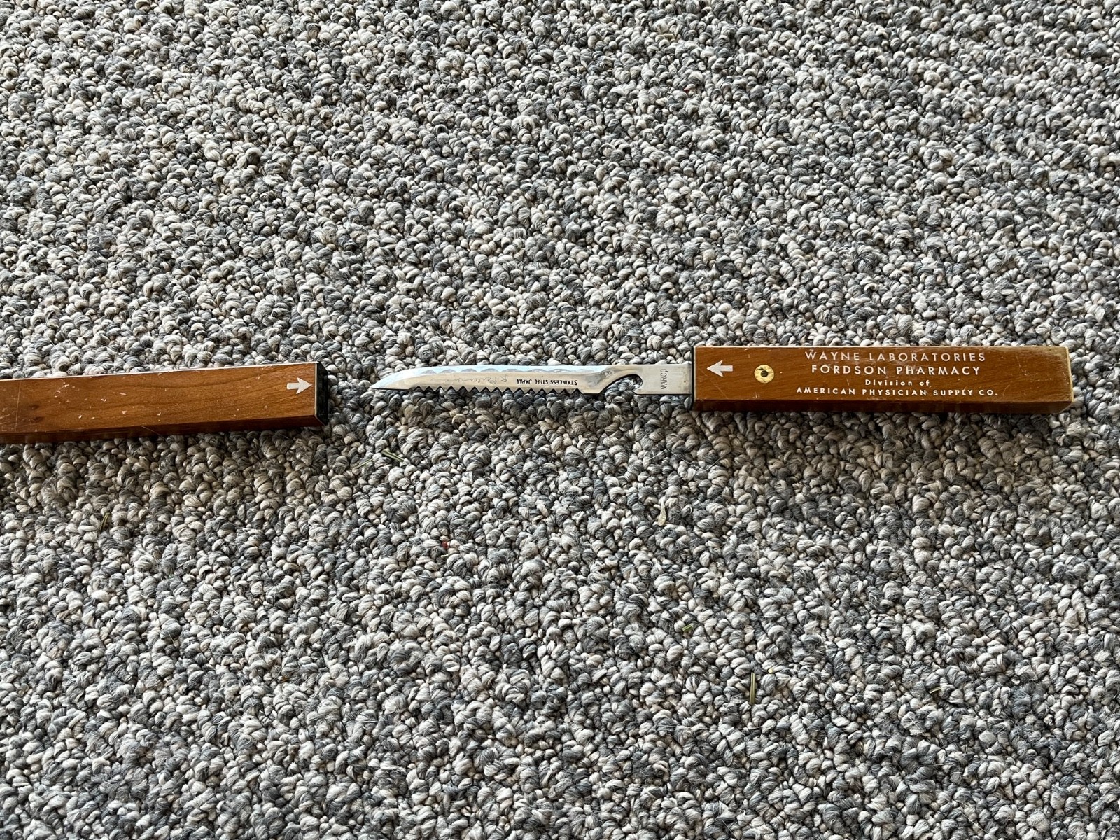 vintage 1940’s Wayne Laboratories Fordson Pharmacy stainless knife in wood box