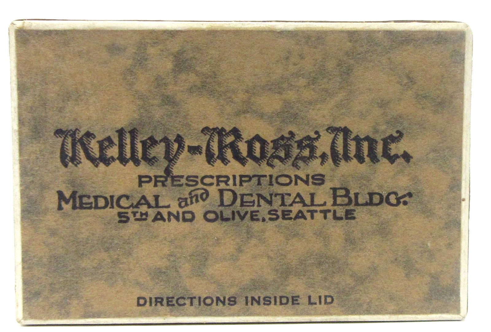 brown 1937 PRESCRIPTION BOX Kelley-Ross Inc Pharmacy Seattle Wash. DR. UNDERWOOD