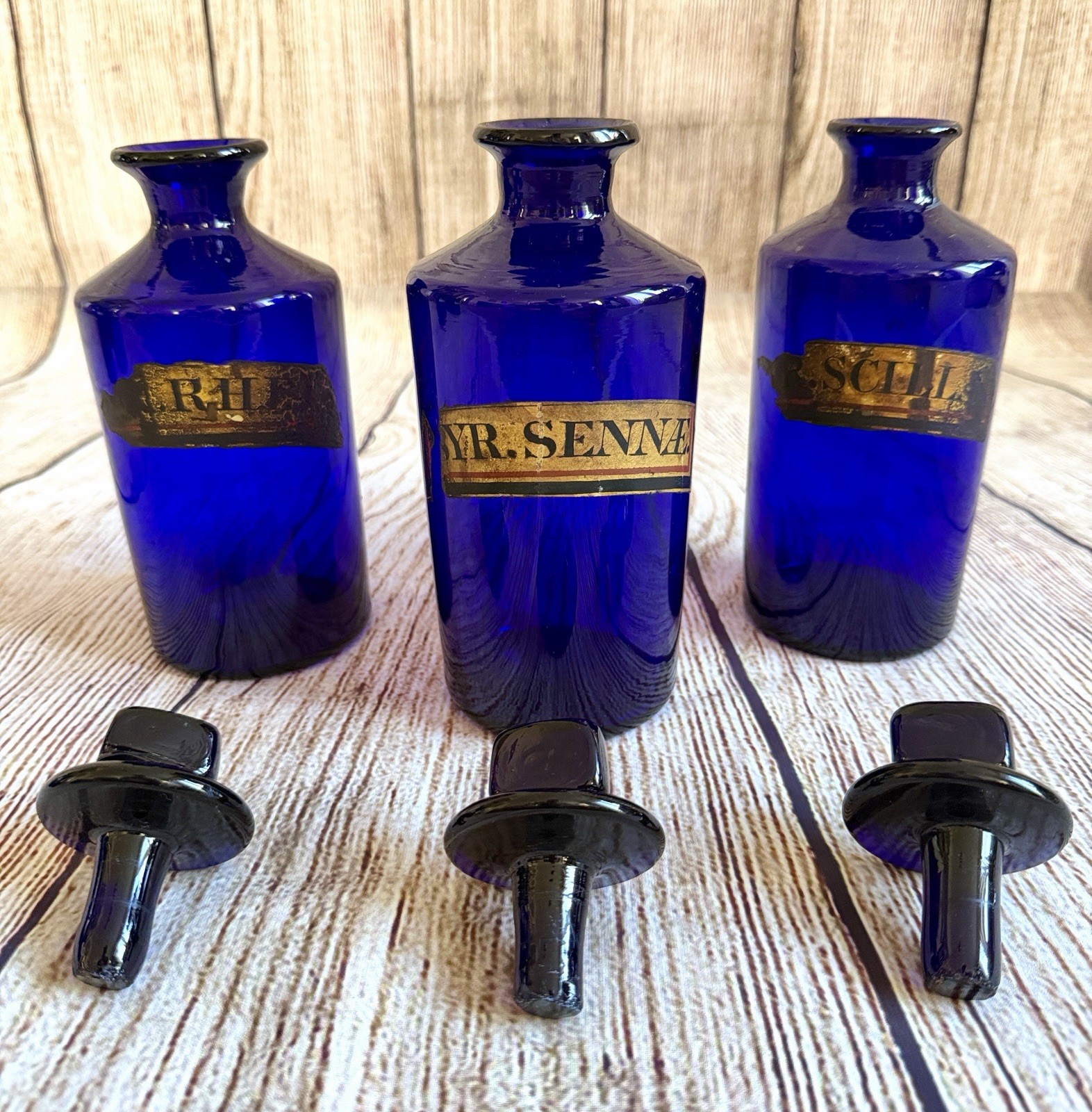 3 x ANTIQUE 1850’s APOTHECARY COBALT BLUE JARS CHEMIST PHARMACY BOTTLES 22cms