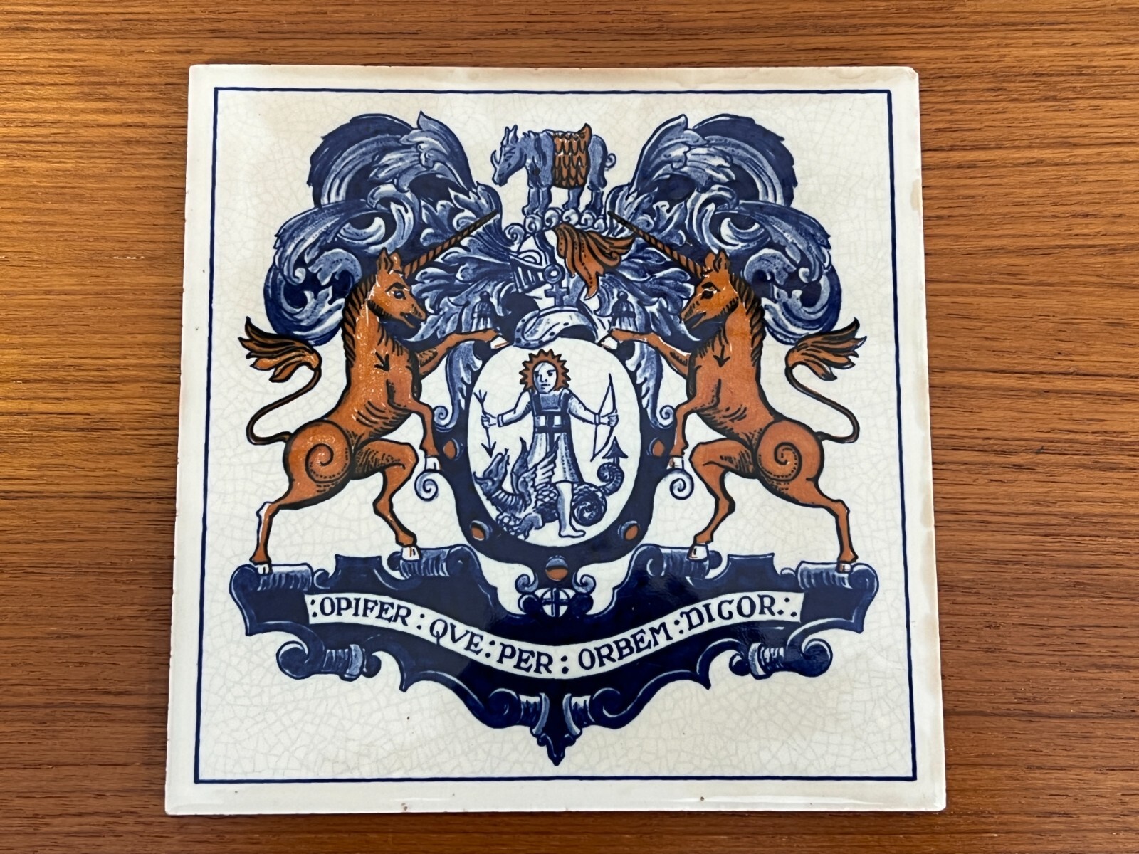 Vintage 1982 Delft Holland Burroughs Welcome Apothecary Crest Tile, 6″ x 6″