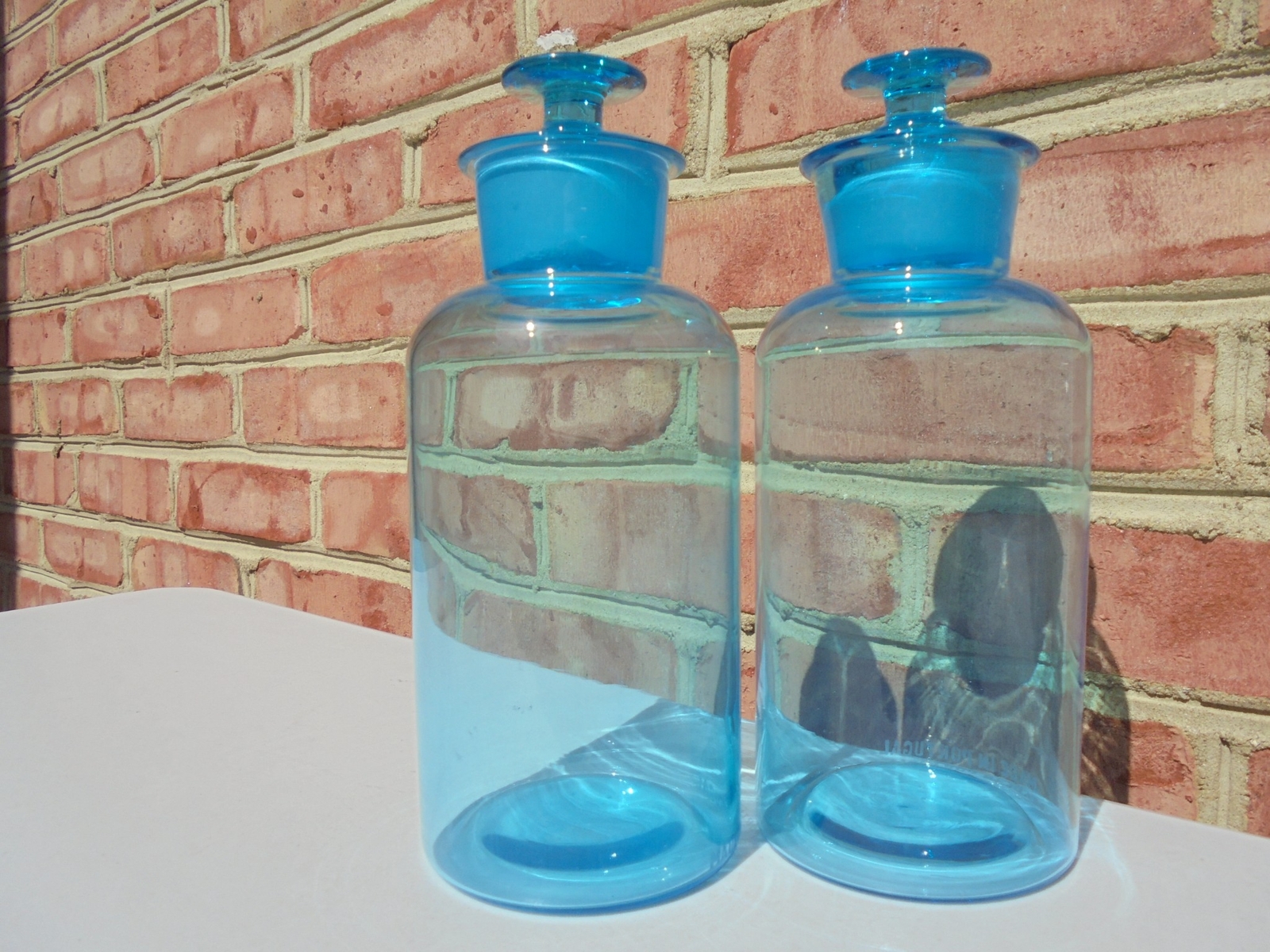 Pr Vintage Blue Glass Apothecary Jars Made in Portugal Ground Stoppers 8 3/8″