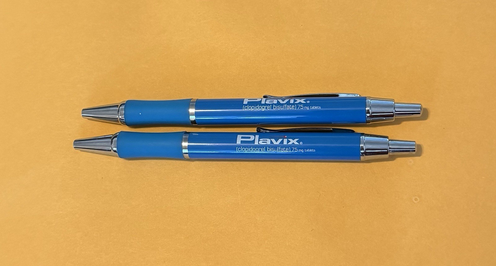 Plavix Lot of 2 Pharmaceutical Retractable Plastic Ballpoint Pens, Chrome Trim