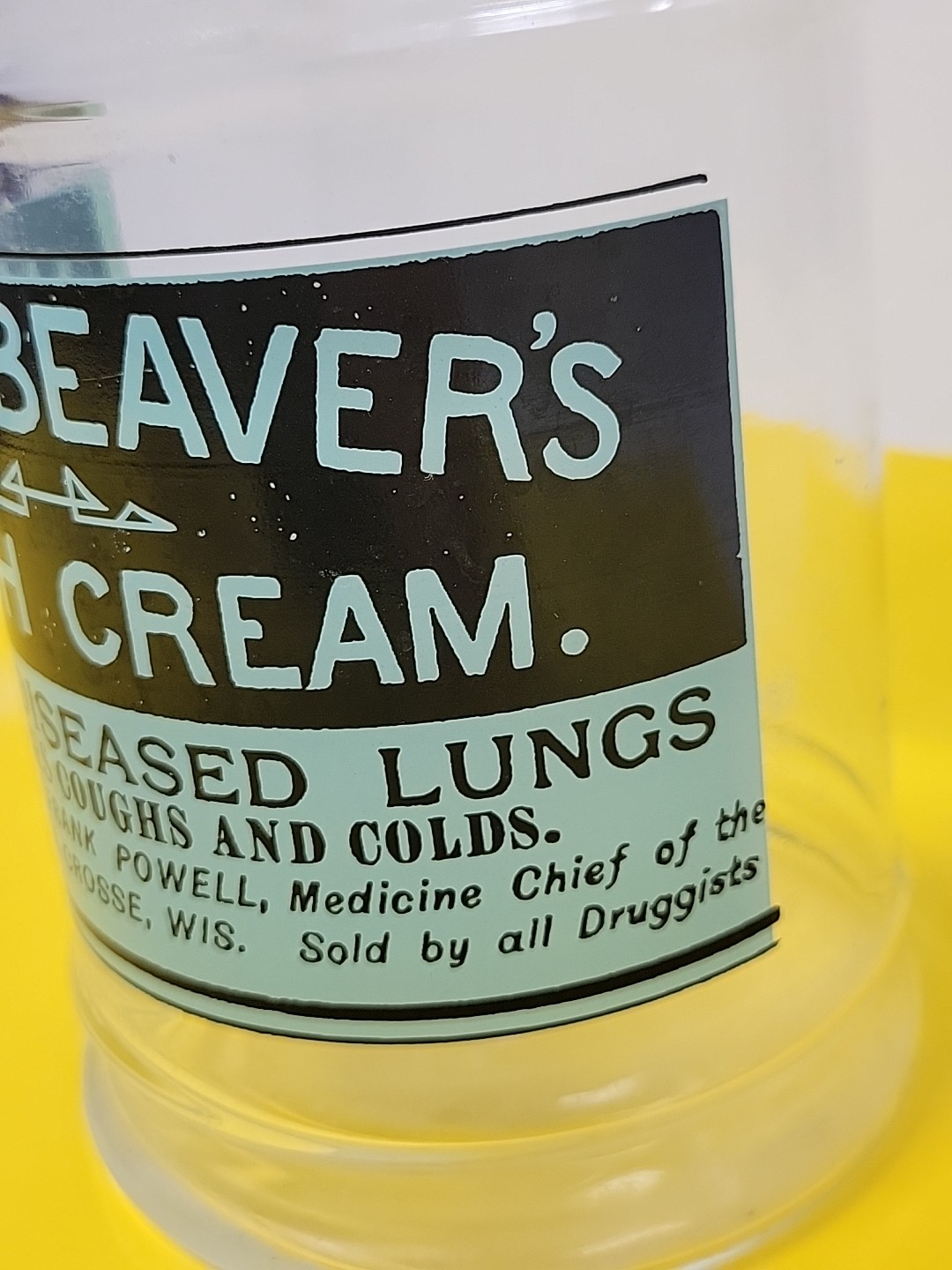 Vintage Glass Jar White Beaver’s Cough Cream Medicine Lacrosse WI Indians RARE