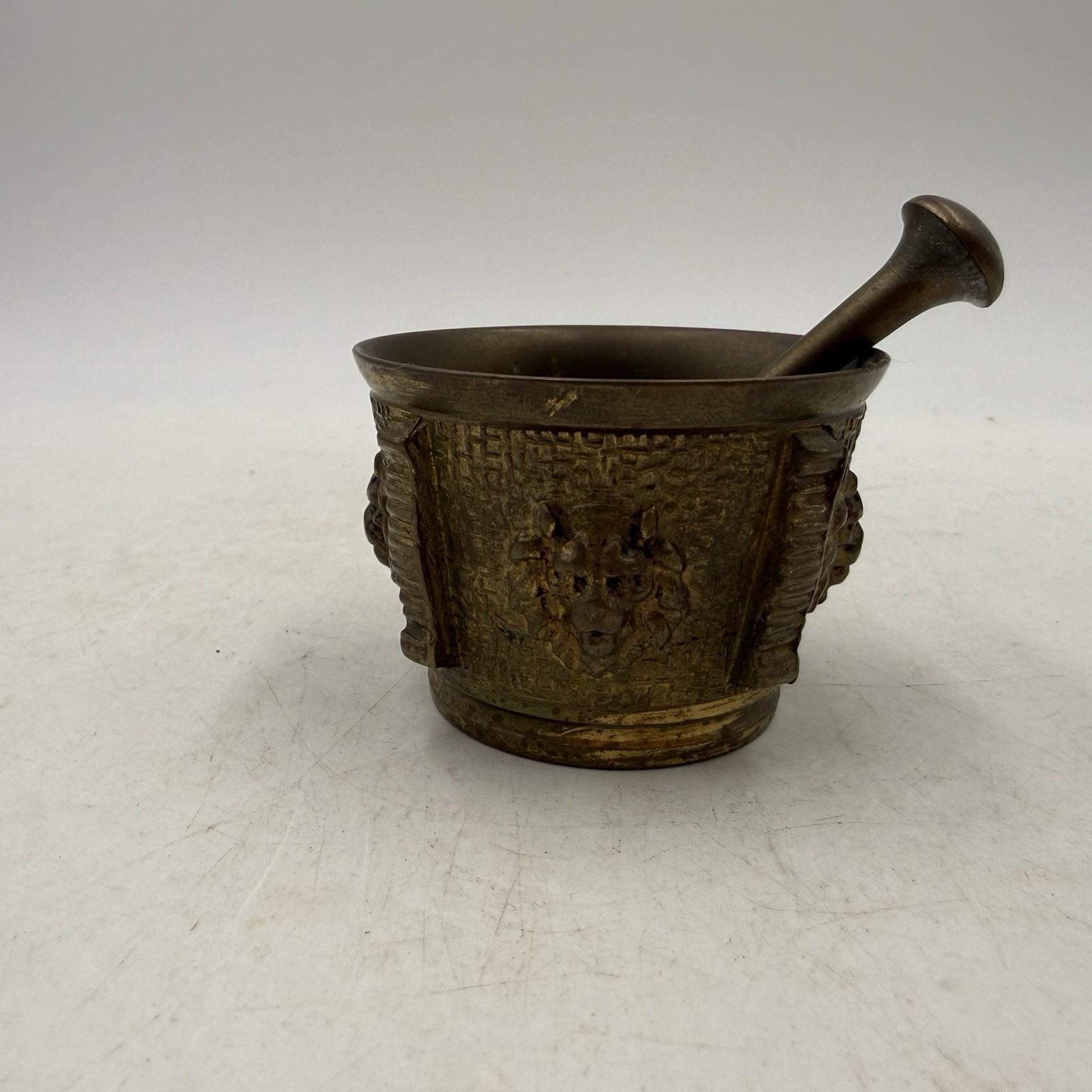 Vintage Brass Mortar and Pestle, Lion Head Design, 2” Tall