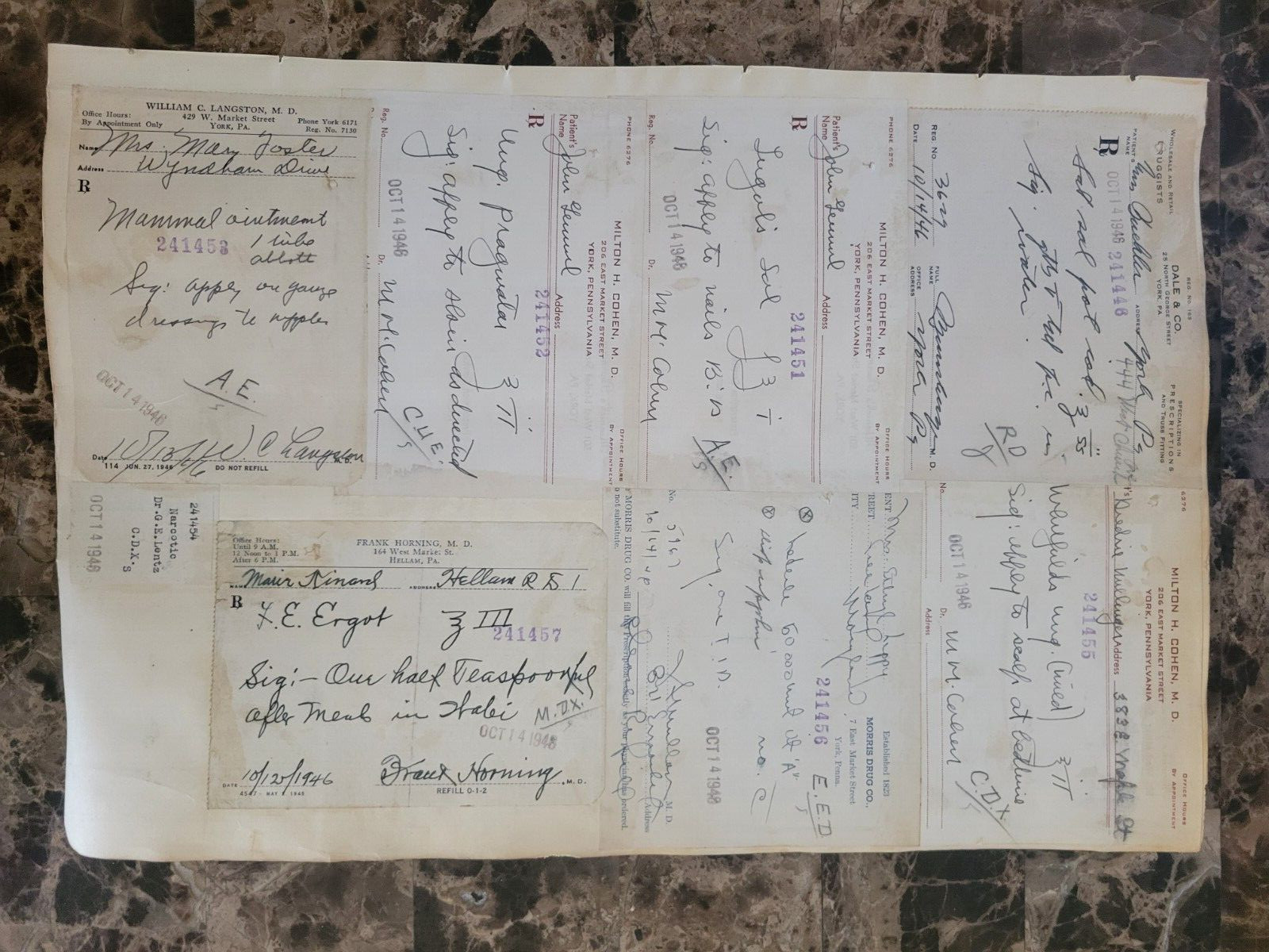 1946 2-sided Pharmacy Ledger Page – 16 vintage prescriptions – ERGOT