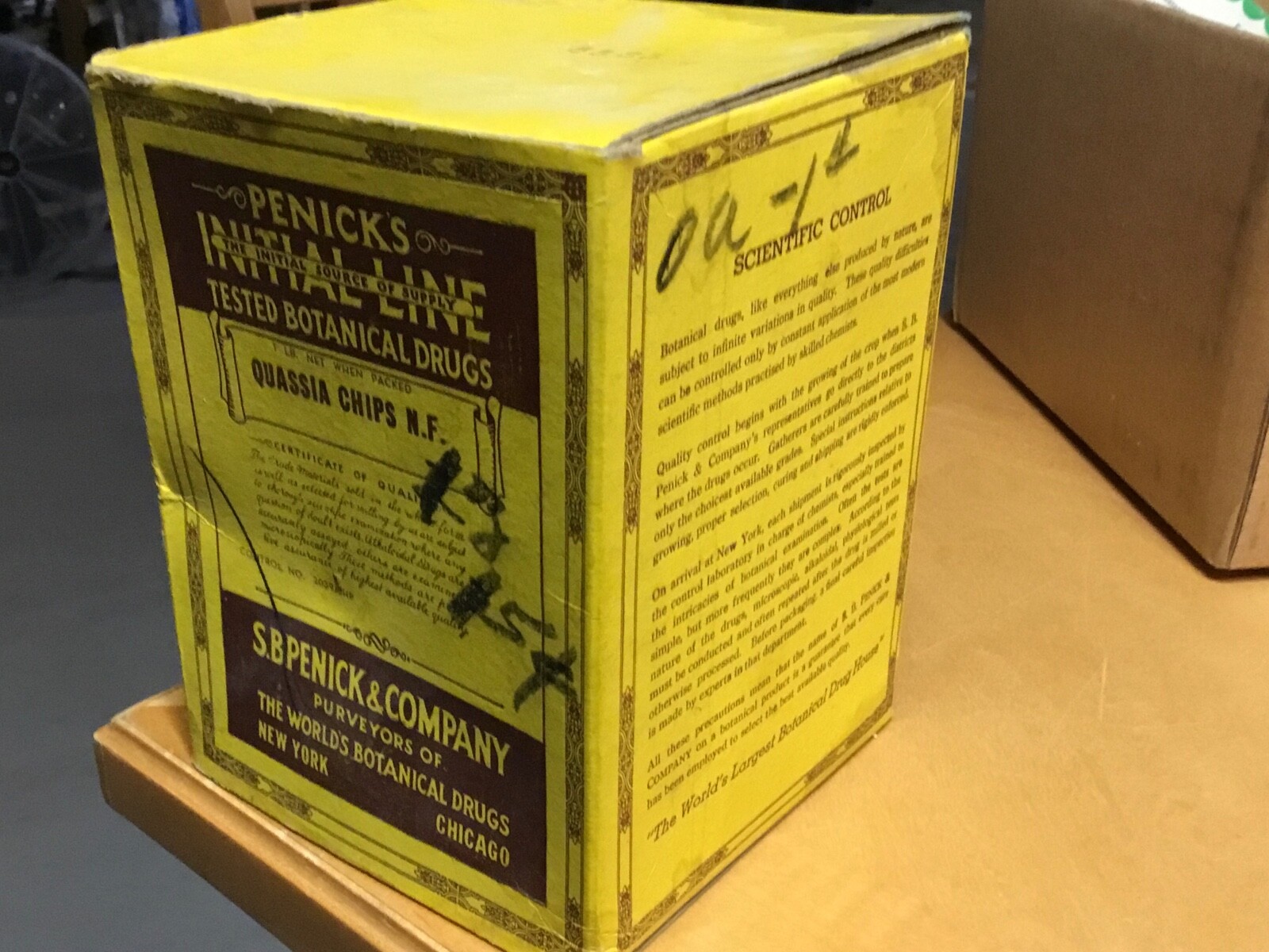 Vintage 1 pound box of Penwick’s Quassia Chips N.F. Botanical drug (opened box)