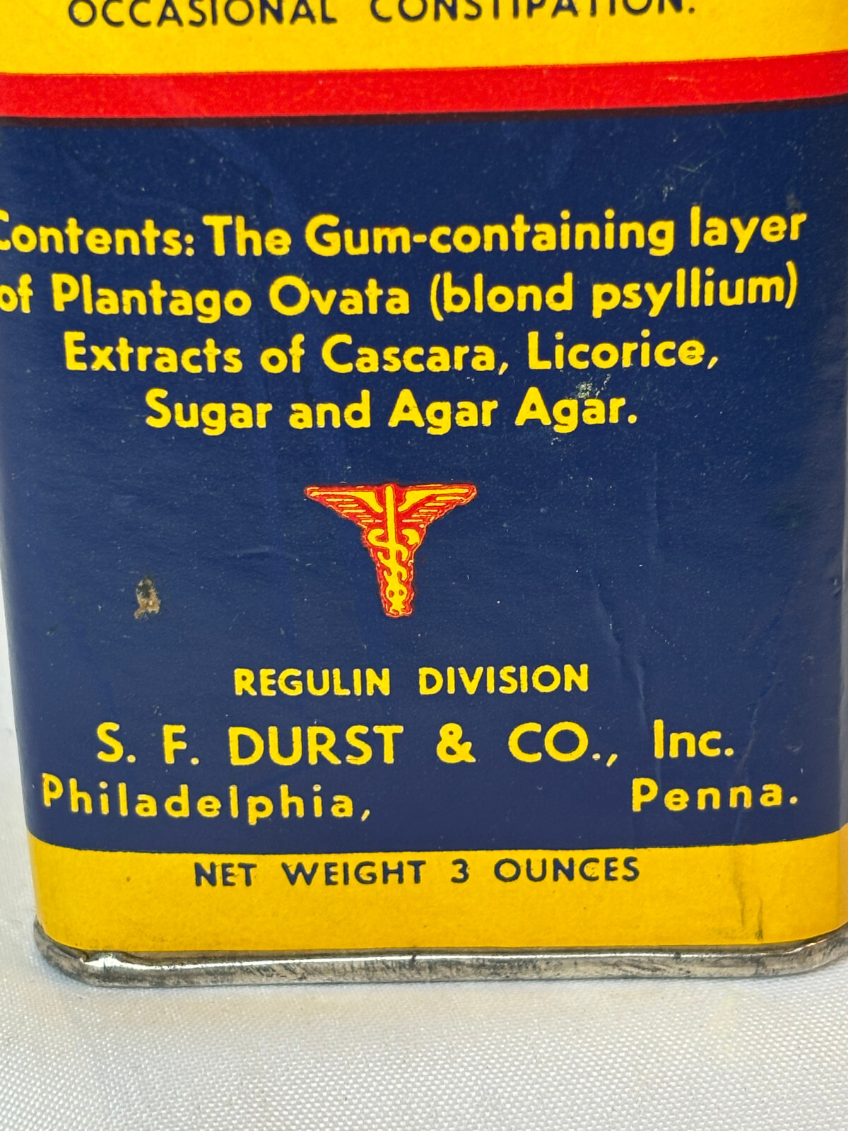 Vtg Regulin Constipation Treatment Cardboard & Metal Container S.F. Durst & Co