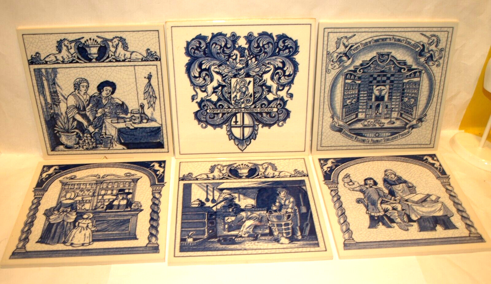 BURROUGHS WELLCOME BLUE DELFT HOMEMADE HOLLAND PHARMACY PILL TILE LOT OF 6, EXC
