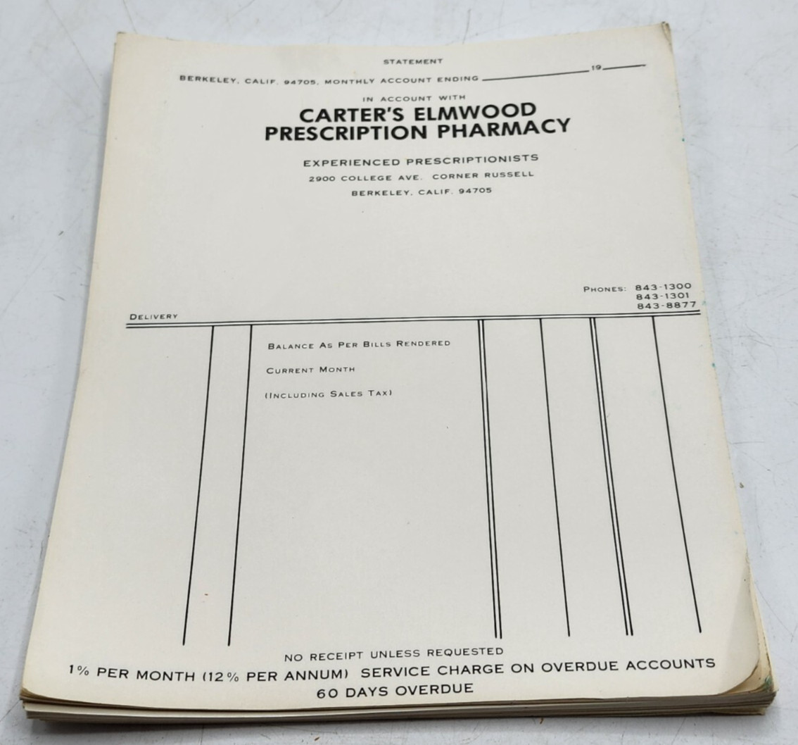 VINTAGE Blank PRESCRIPTION Receipts Carter’s Elmwood Pharmacy Berkeley CA 1960s
