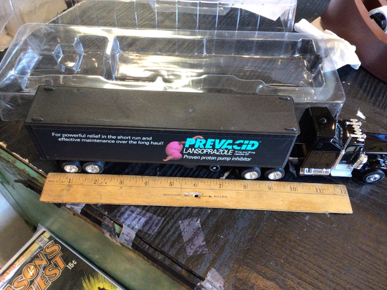 PREVACID ADVERTISING TOY TRACTOR TRAILER W TRUCK SHAPED BOX PHARMACEUTICAL