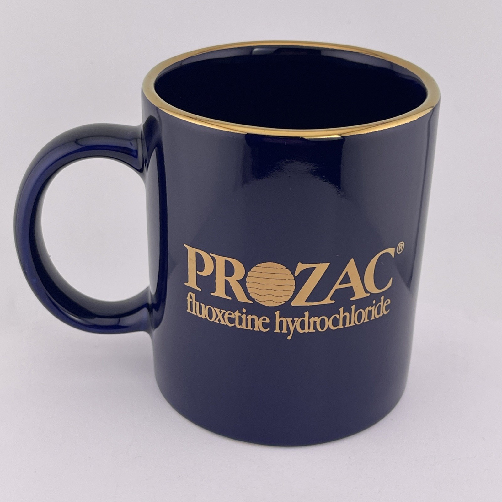 Vintage Prozac Mug Advertising Blue Gold Rim Coffee Pharmaceutical Cup Mug Linyi