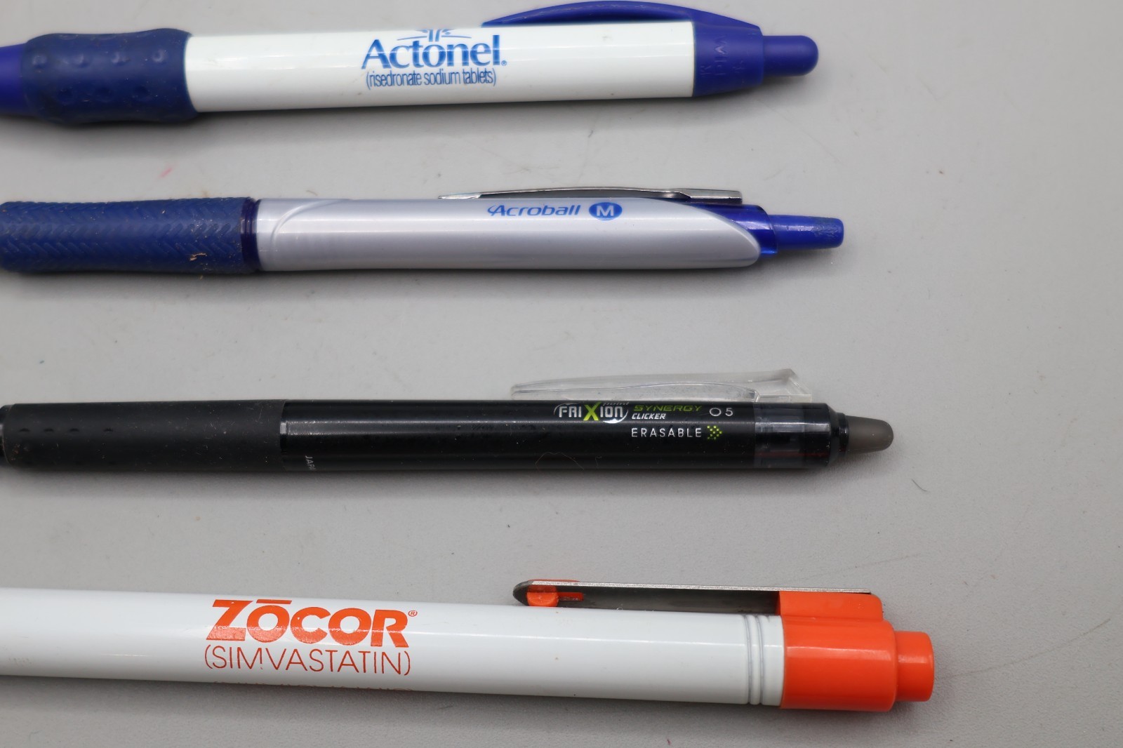 Lot of 4 Advertising Pens Pilot FriXion Acroball Actonel Zocor Drug Rep Promo Pe