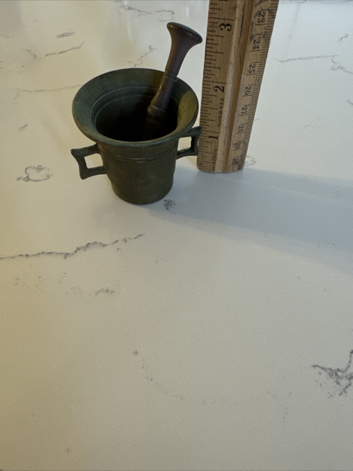 Antique Small Brass Mortar & Pestle Mortar has 2 square handles