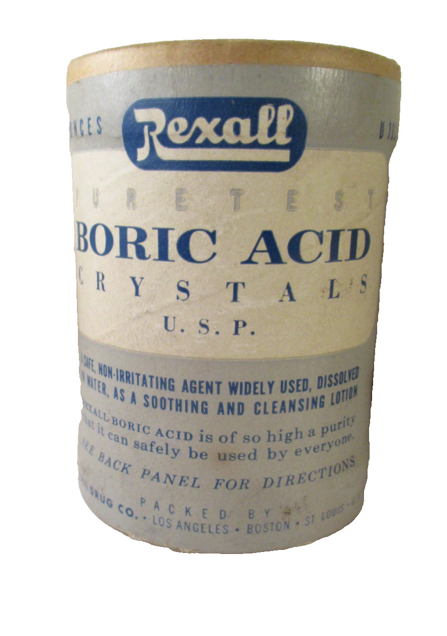 Vtg BORIC ACID PUREPAC TIN w/PARTIAL CONTENTS& REXALL SEALED CARDBOARD CONTAINER
