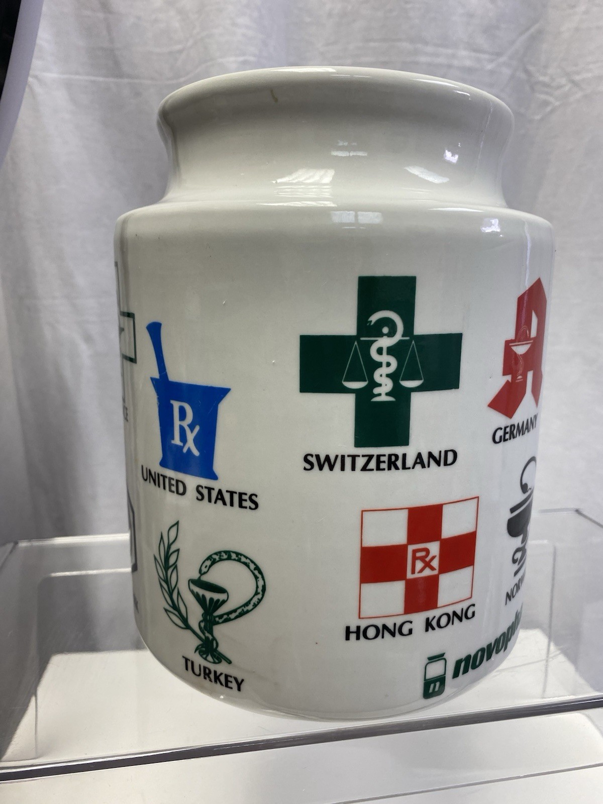 NOVOPHARM PORCELAIN PHARMACY CANISTER APOTHECARY JAR No Lid⚕️ WORLD RX LOGOS B5