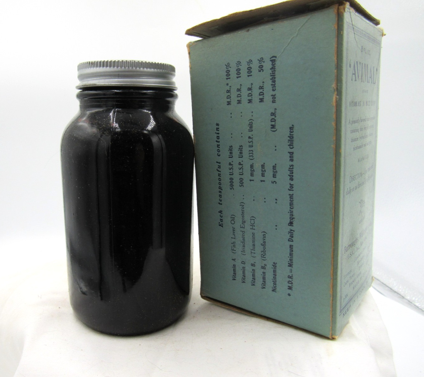 BW – 1940’s Burroughs Wellcome Avimal Tuckahoe NY 4 3/8 ” Amber Medicine bottle