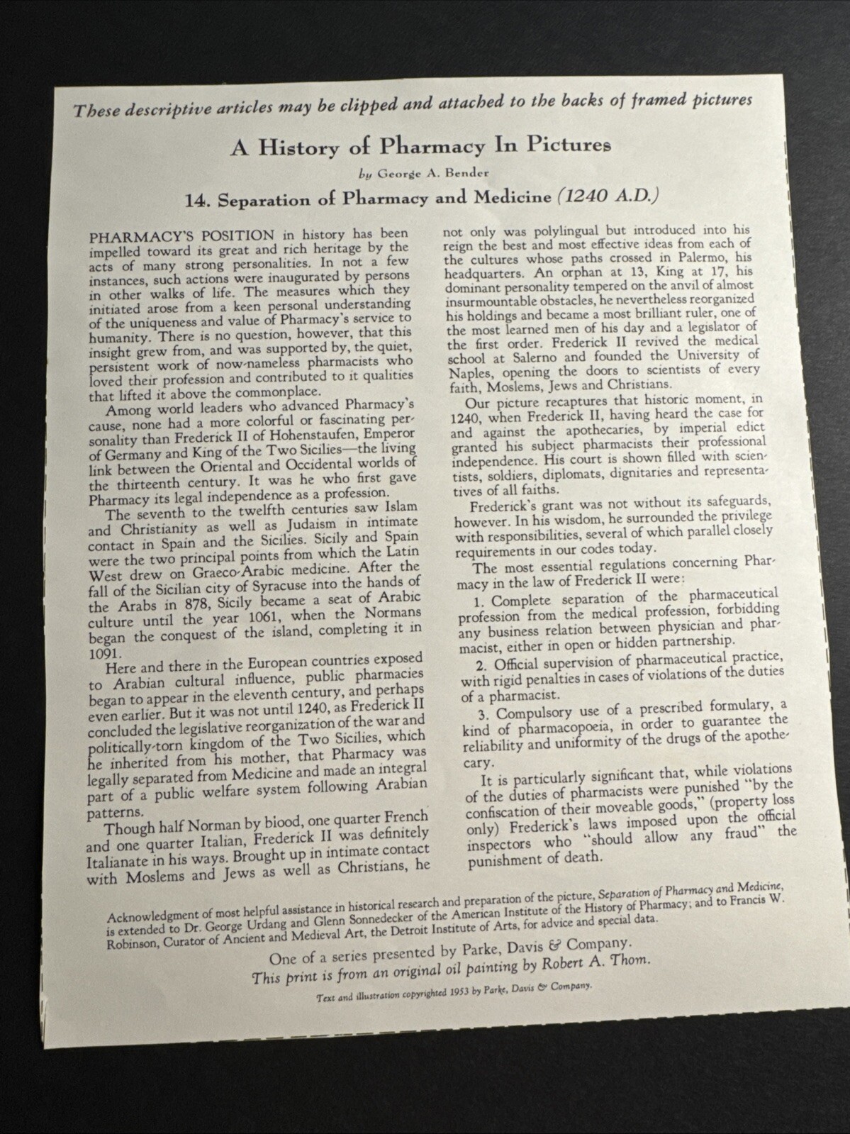 A HISTORY OF PHARMACY IN PICTURES 1954 PRINT#14 Great Gift For Doctor 22″×18″