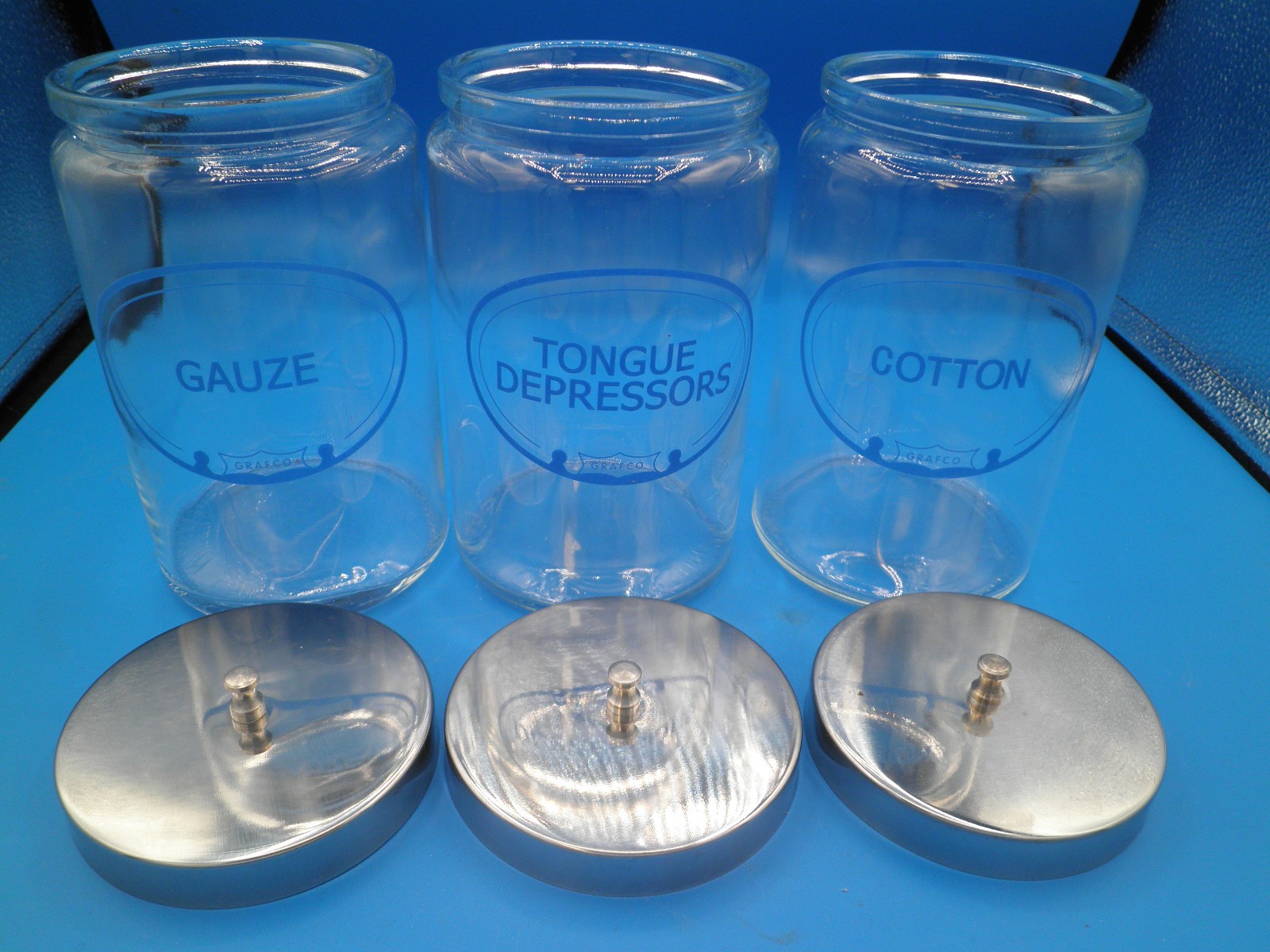 Grafco medical apothecary jars tongue depressors cotton gauze lids