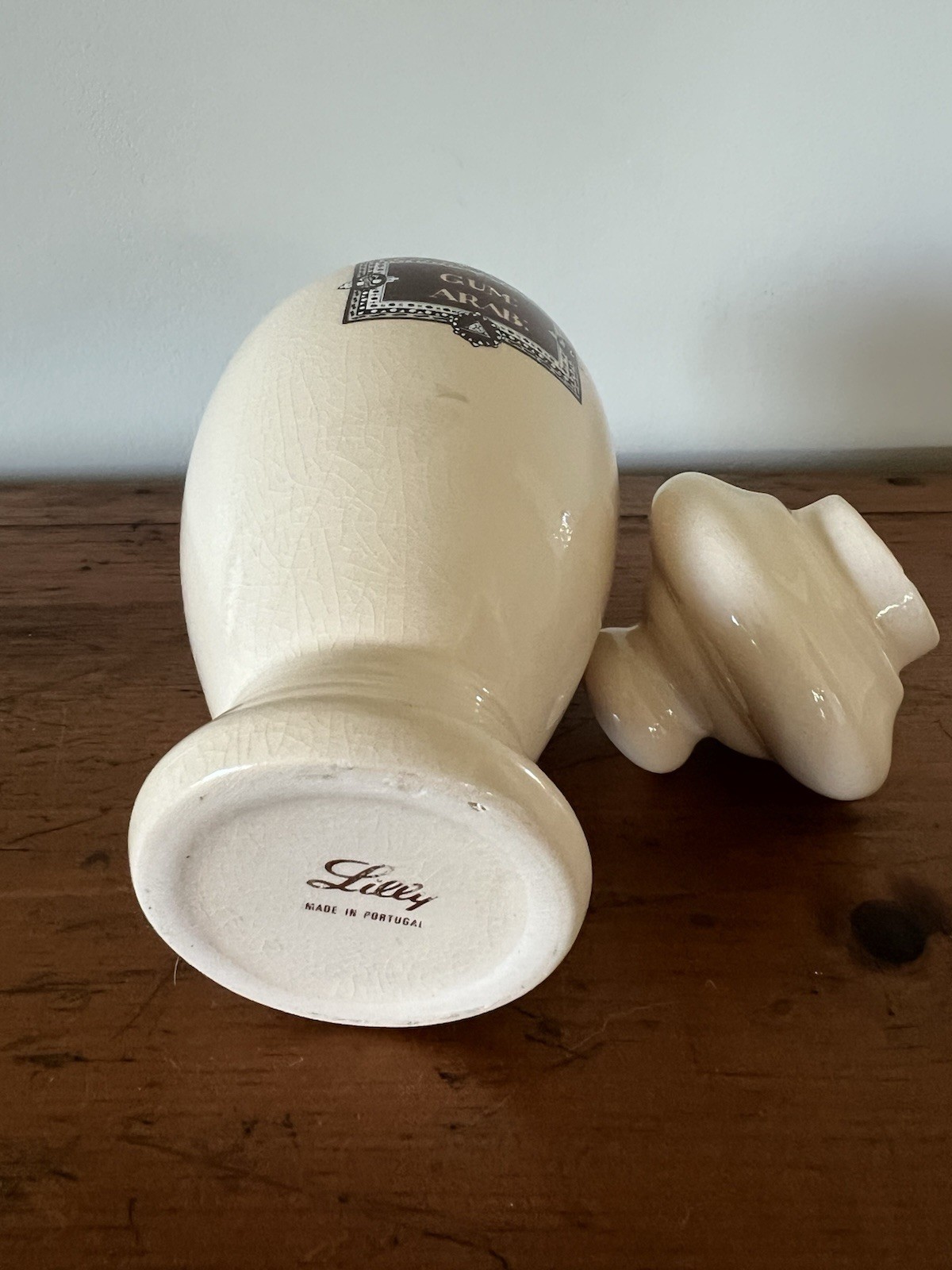 Vintage Lilly Ceramic Gum Arab Apothecary Pharmacy Jar Made in Portugal