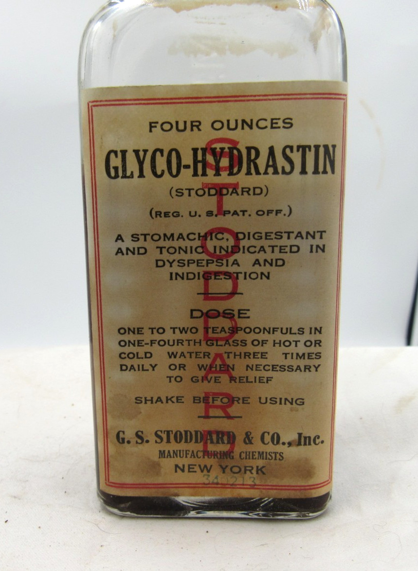BW – 1930’s GS Stoddard Glyco-Hydrastin New York 5 1/2″ Clear Medicine bottle