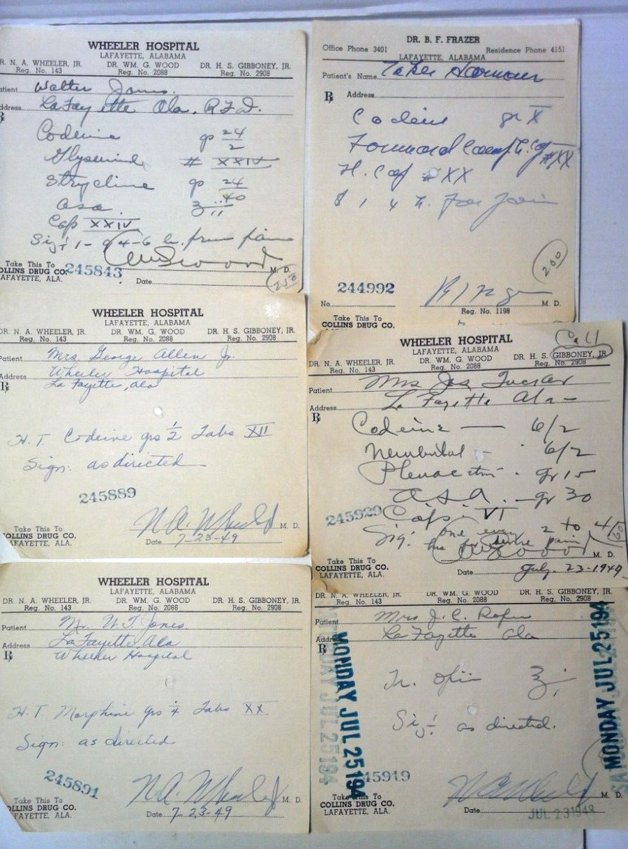 Lot of 6 CII-CIV Vintage Pharmacy Rx Paper Prescriptions 1940’s pain management