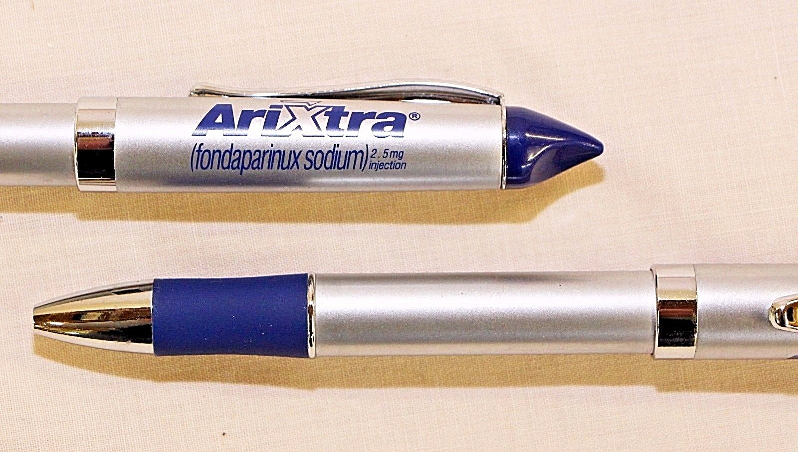 Pharmaceutical Heavy Metal Arixtra Pen Brushed Silver with Blue Comfort Grip NEW