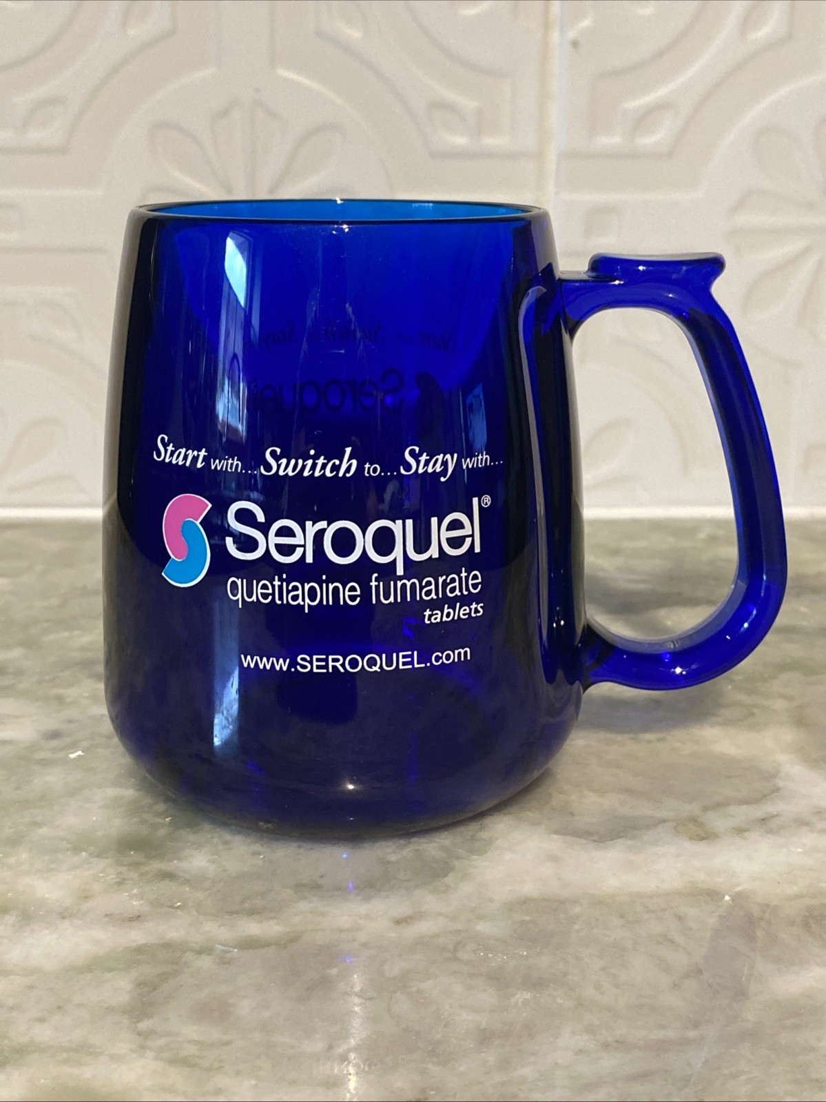 RARE Cobalt Blue Mug Seroquel Pharmaceutical Sales Rep Promotional Heavy Acrylic