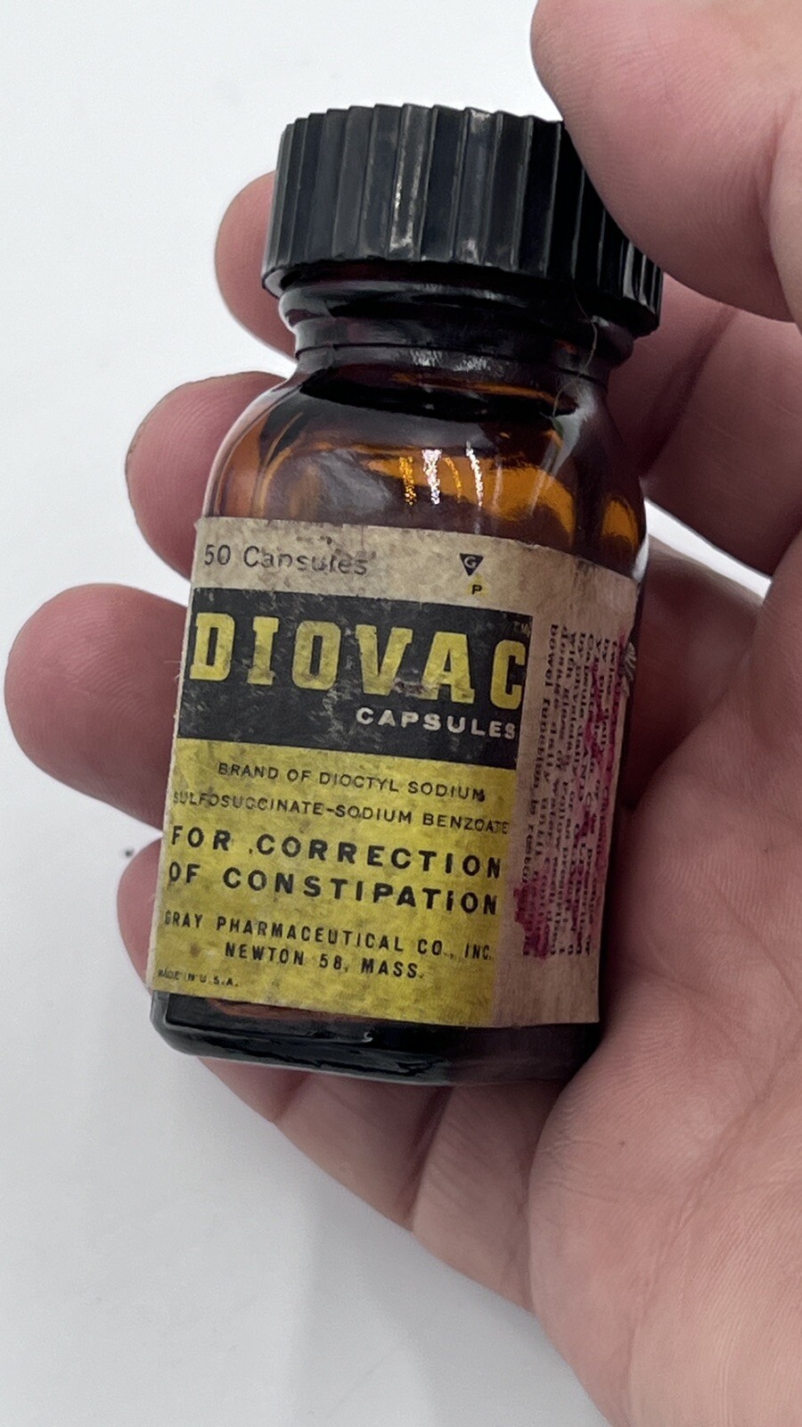 Vintage 1940’s DIOVAC ( dioctyl sodium ) Gray Pharmaceuticals Brown Bottle EMPTY