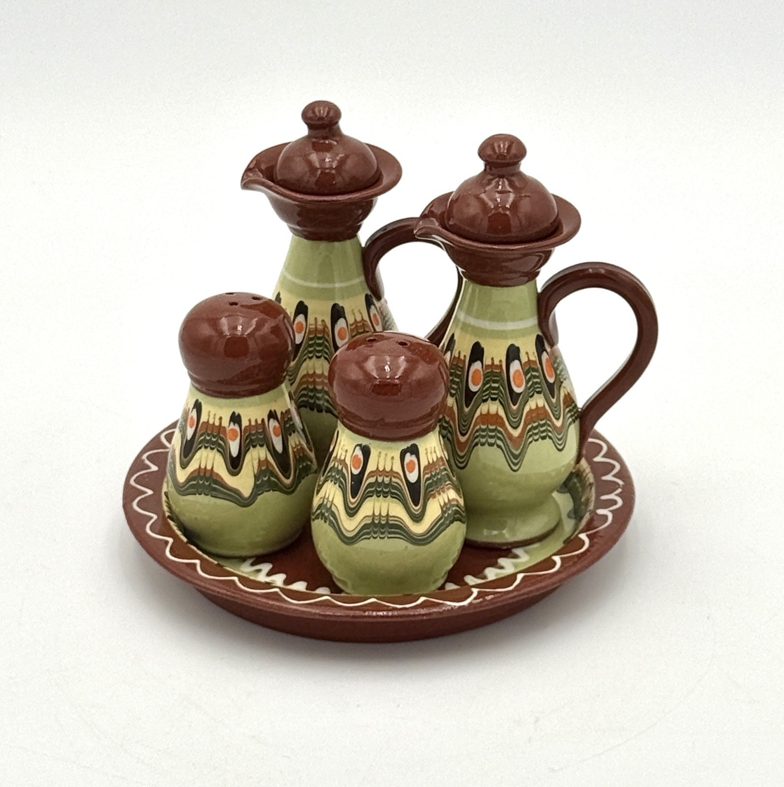 Vintage Bulgarian Peacock eye Dripware Pottery 5-Piece Condiment Set