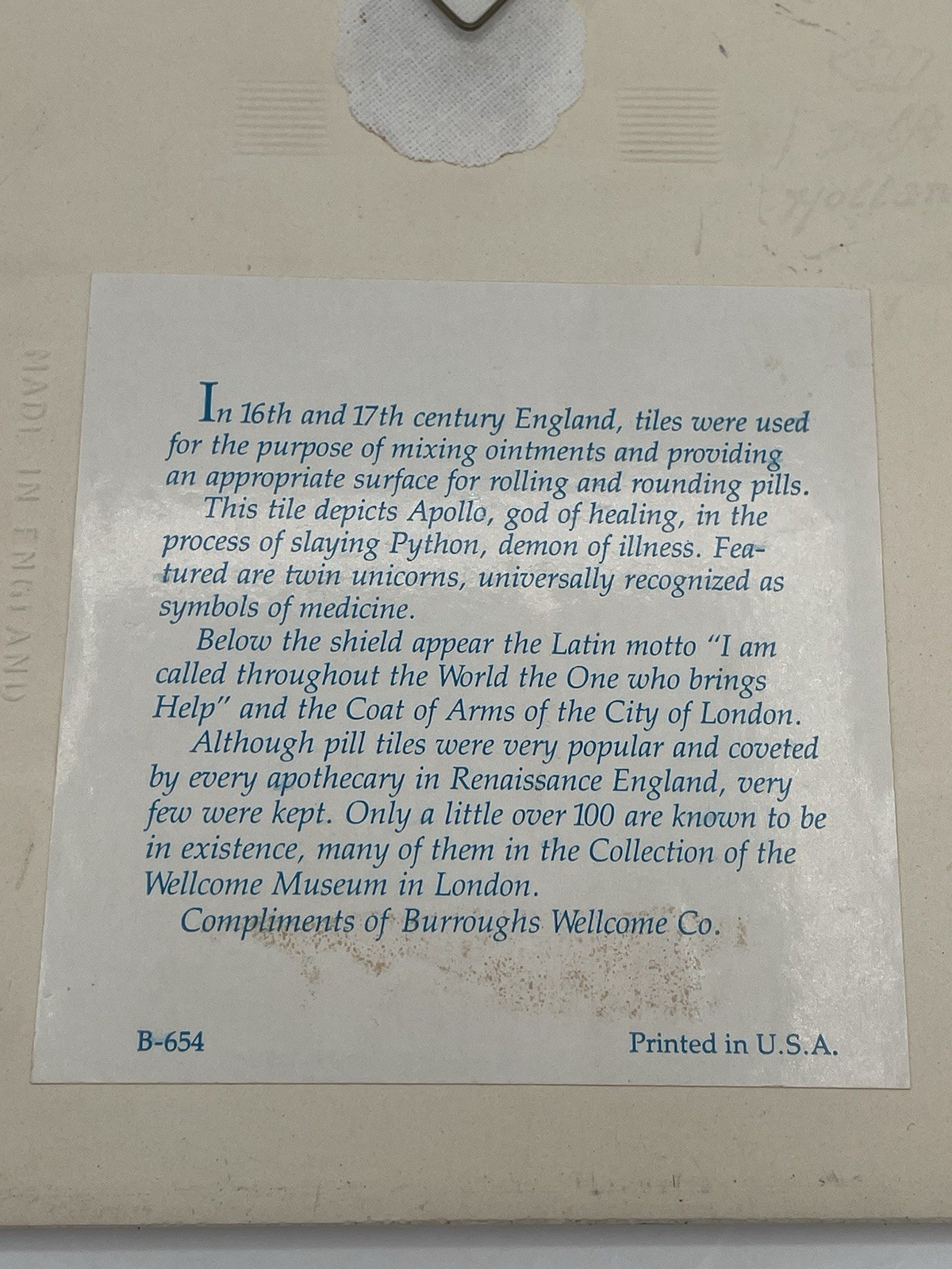 BURROUGHS WELLCOME Pharmacy Pill Tile Handmade DELFT Apollo god Of Healing