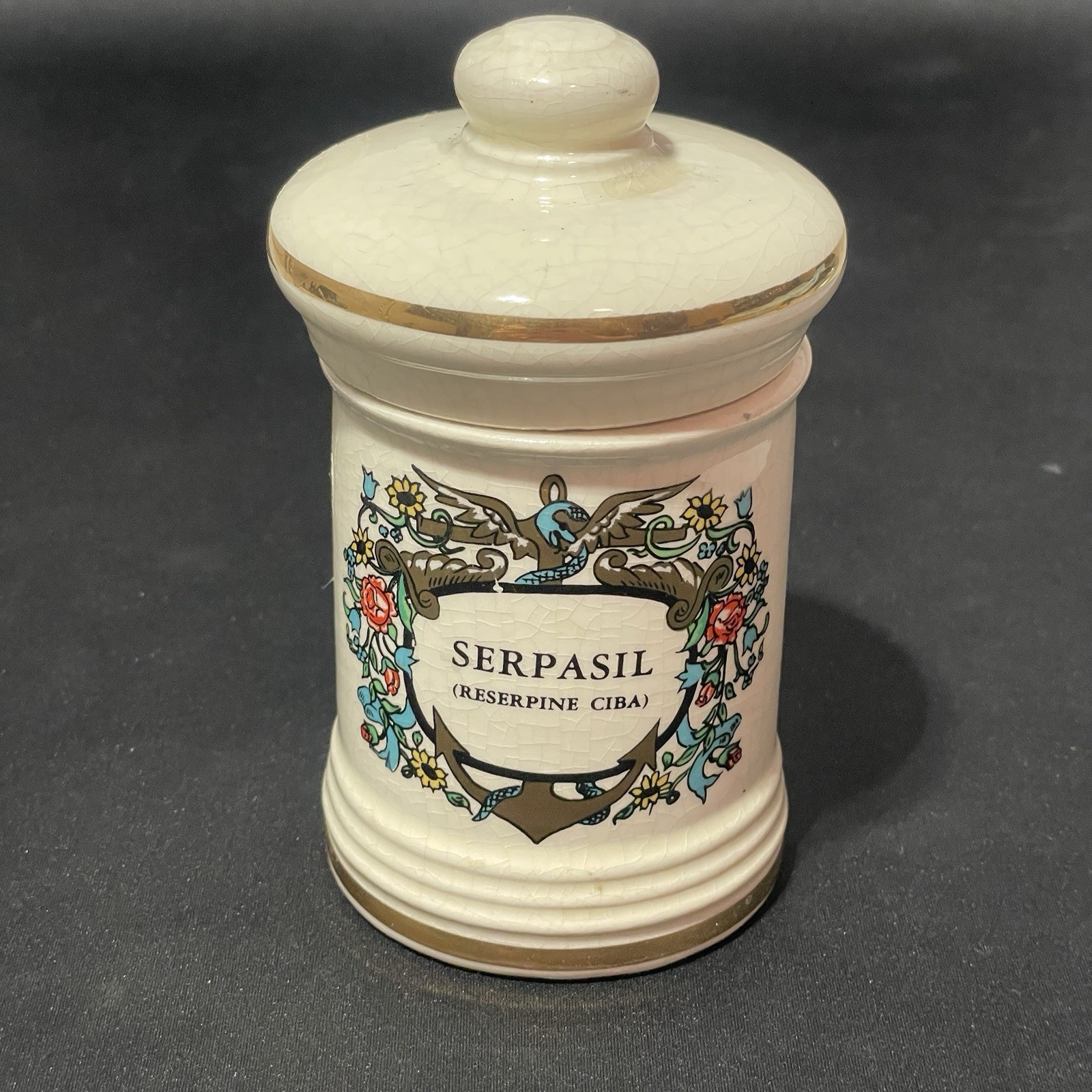 Vintage Jeanne Robinette Serpasil Reserpine Ciba Ceramic Apothecary Pharmacy Jar