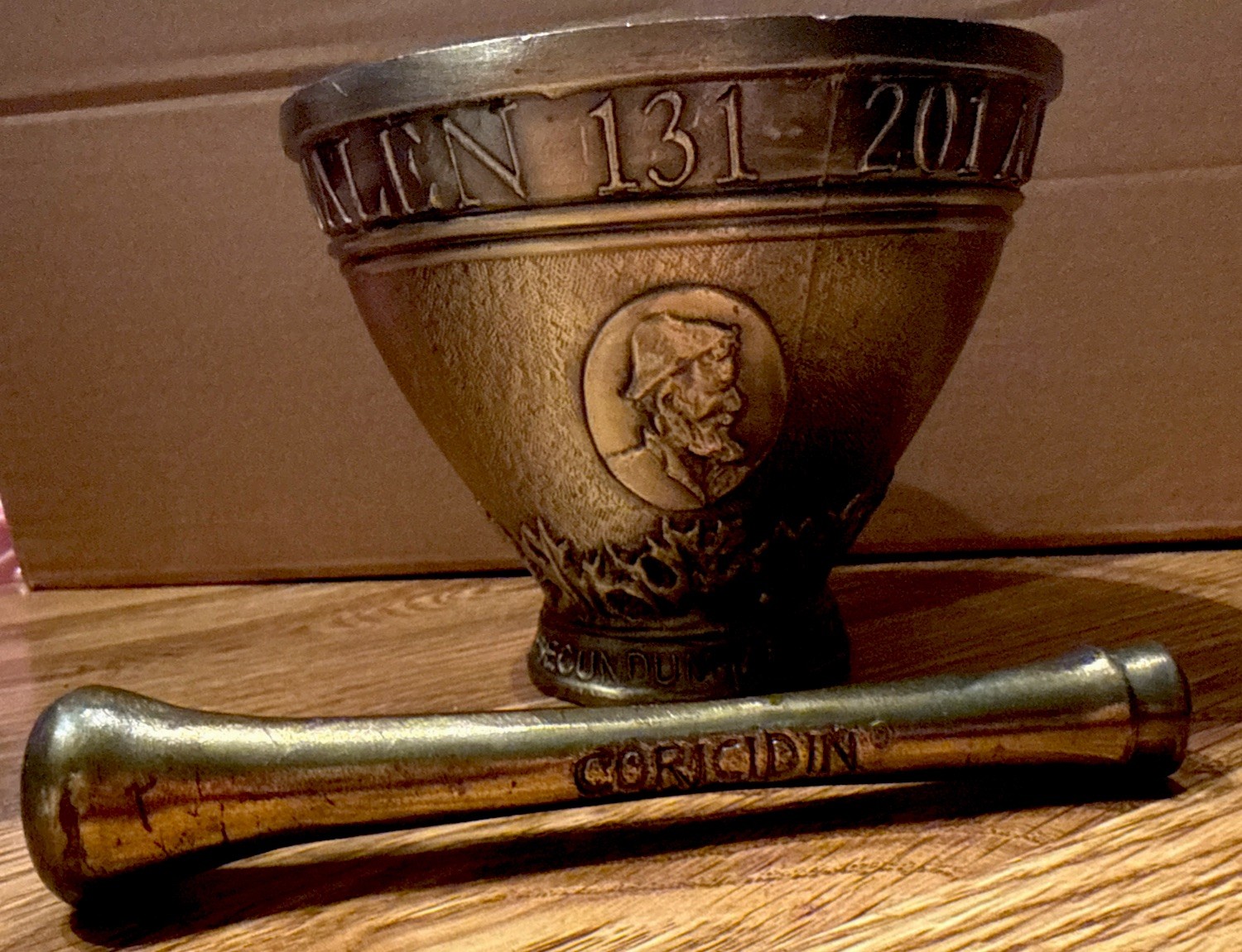 Vintage 1965 Schering ‘Galen’ Ornate Brass Pharmacist Mortar & Coricidin Pestle