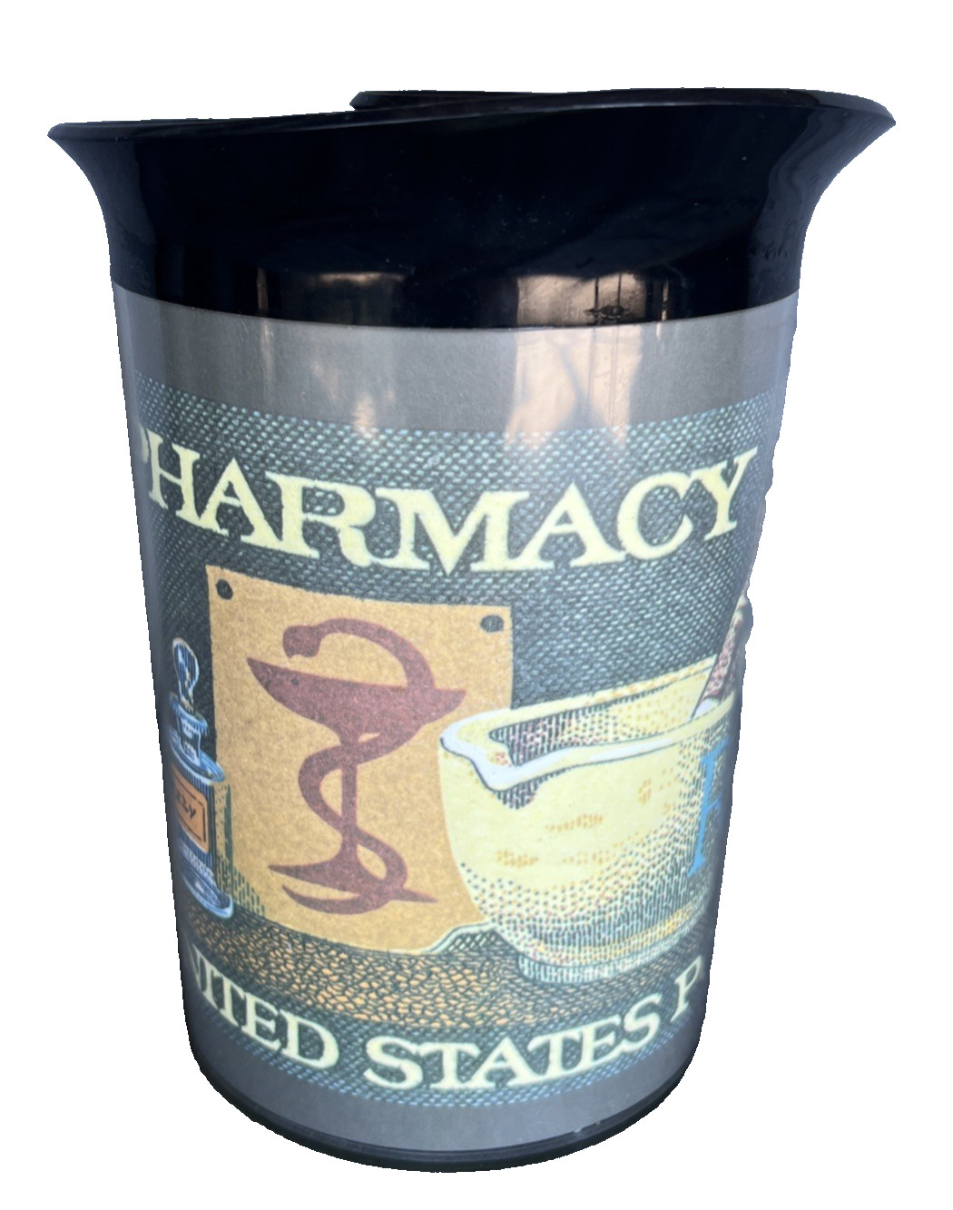 Thermo Serv Pharmacy Pitcher & 3 tumblers Postage Stamp vintage Made in USA