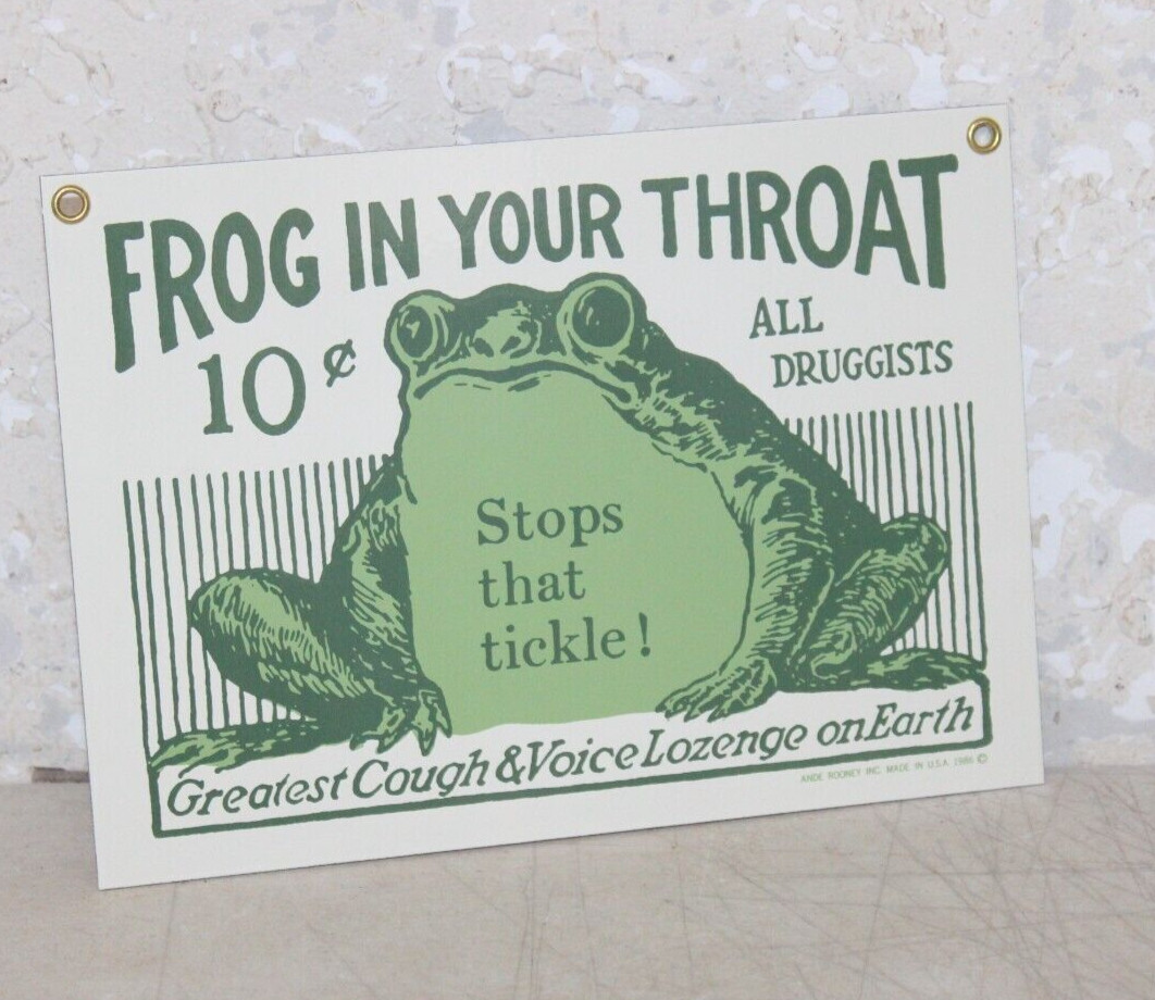 FROG IN YOUR THROAT Porcelain Sign PHARMACY DRUGGIST VINTAGE 1986 NOS 6X9