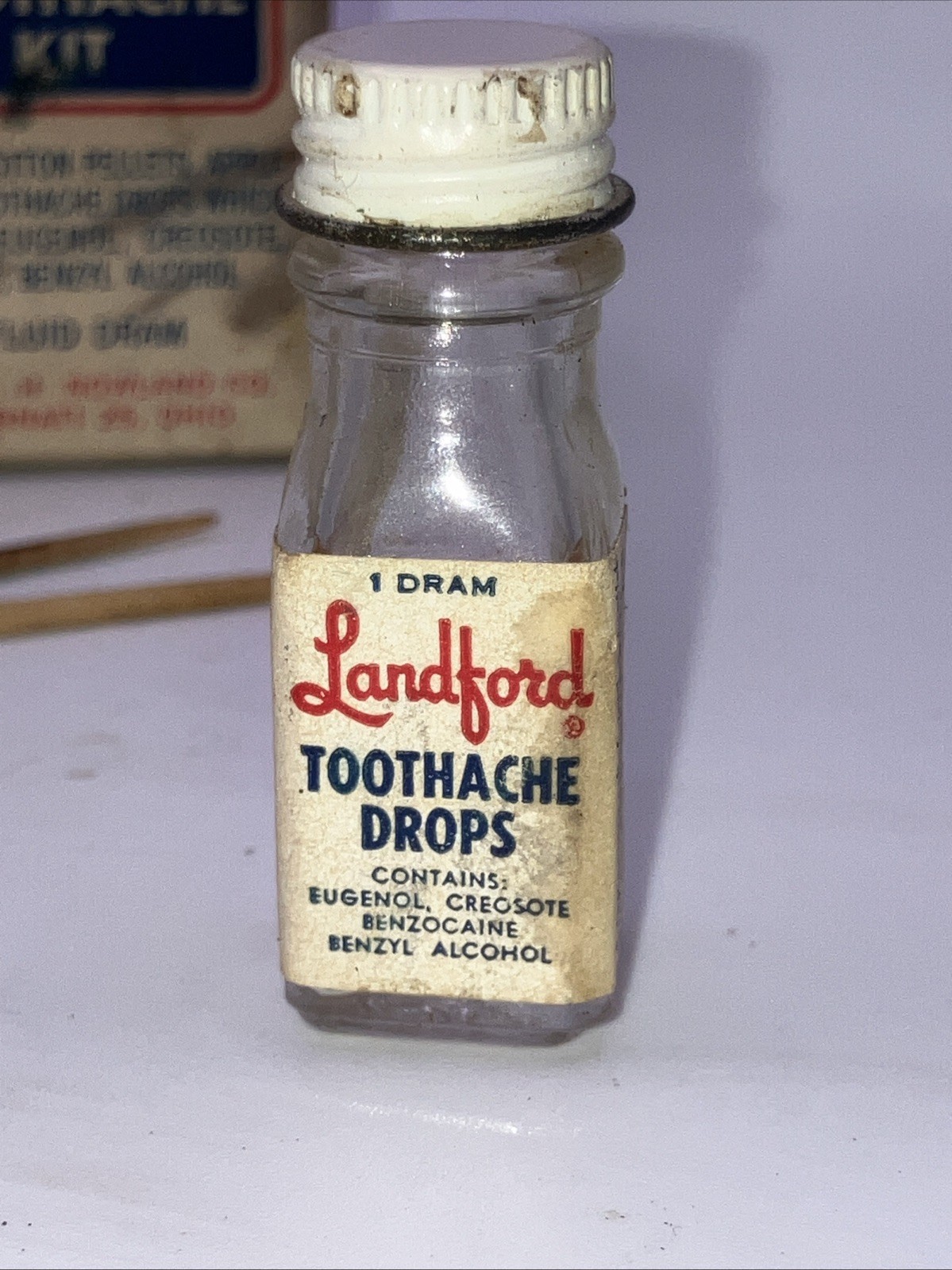 Nowland’s Langford Toothache Kit Vtg Box Bottle Cotton Pellets