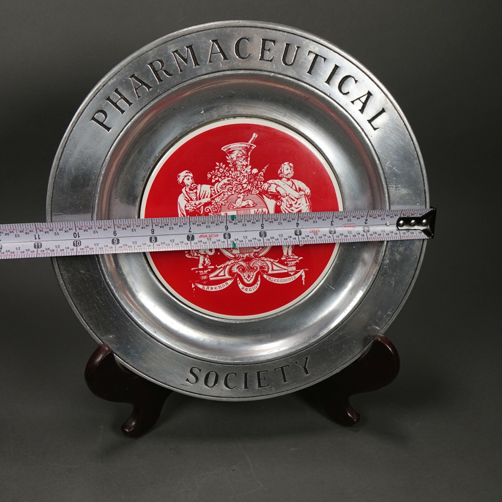 Vintage Squibb Apothecary Pharmaceutical Society Pewter Plate w/ Wood Stand