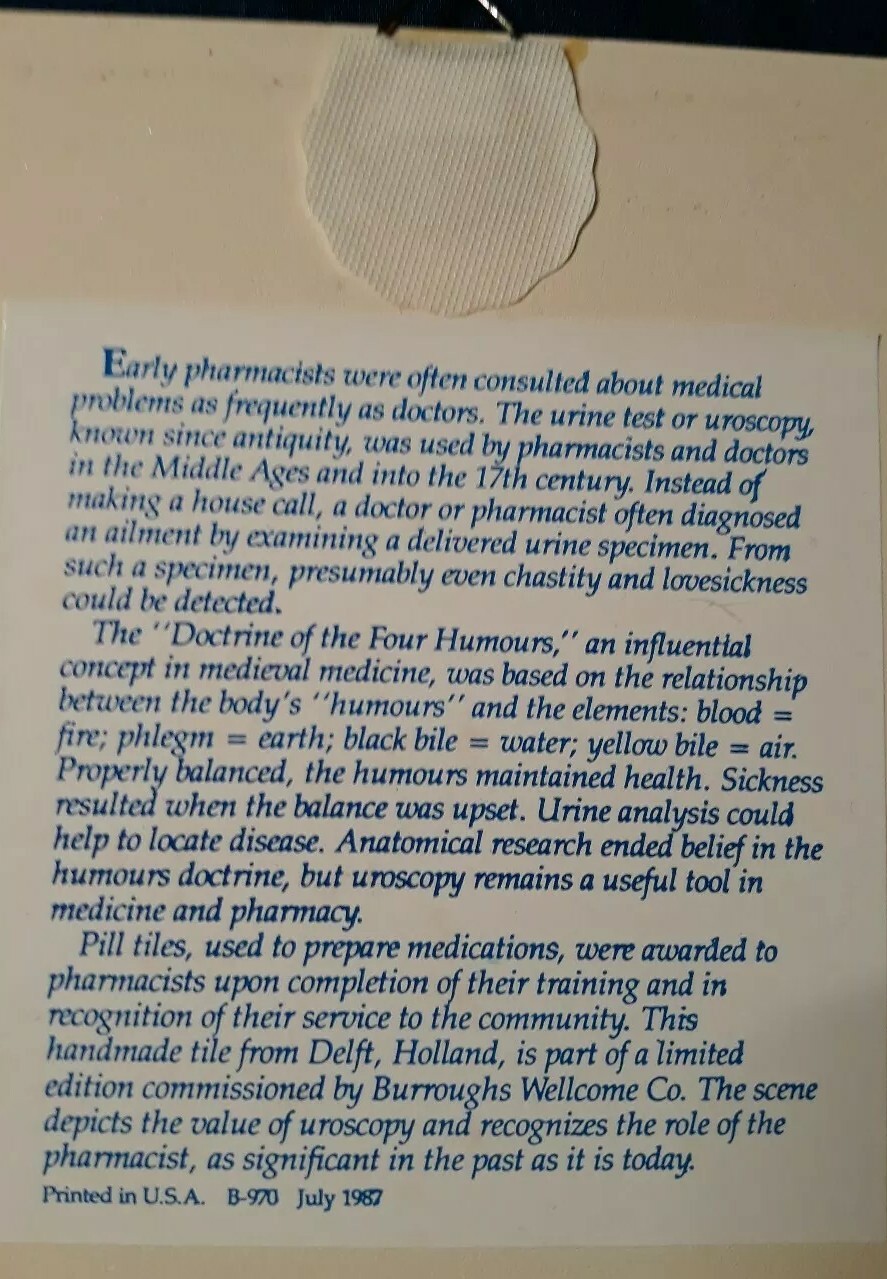 1987 DELFT “DOCTRINE of the FOUR HUMOURS” PHARMACY TILE BURROUGHS WELLCOME CO.