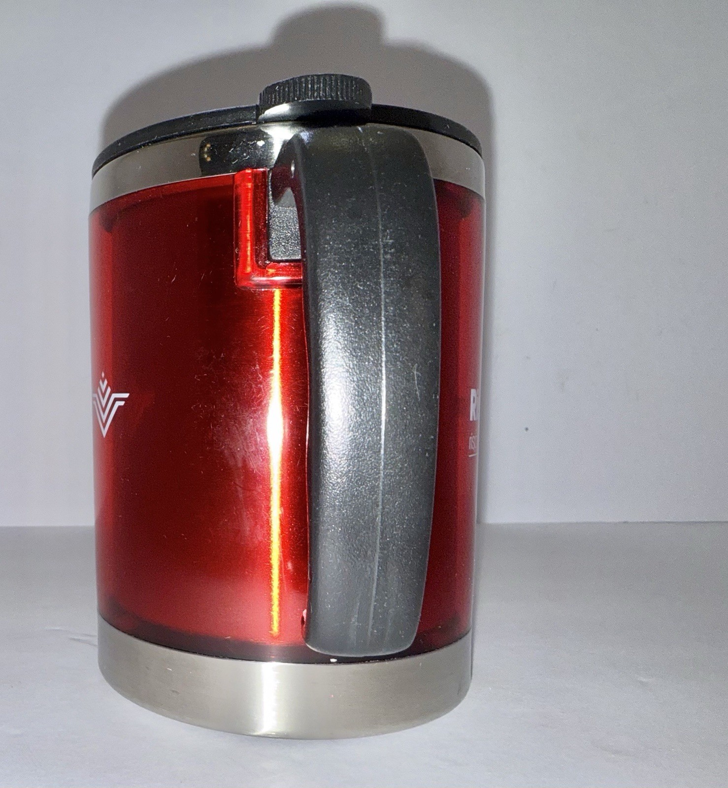 RARE Pharma Drug Rep Red Risperdal Coffee Mug & Lid To Go Cup Plastic & metal
