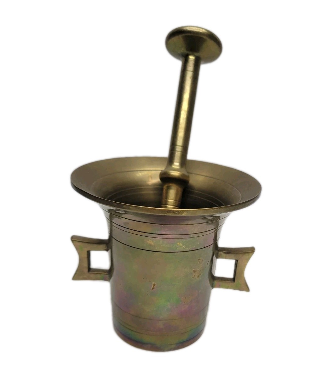 Vintage Solid Brass Mortar and Pestle Set With Square Handles Iridescent Patina