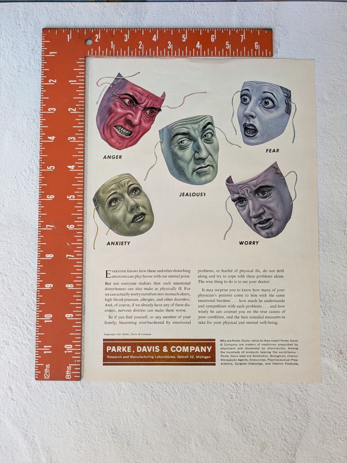 1954 Parke-Davis Disturbing Emotions – art vintage Print Ad Jealousy, Anxiety