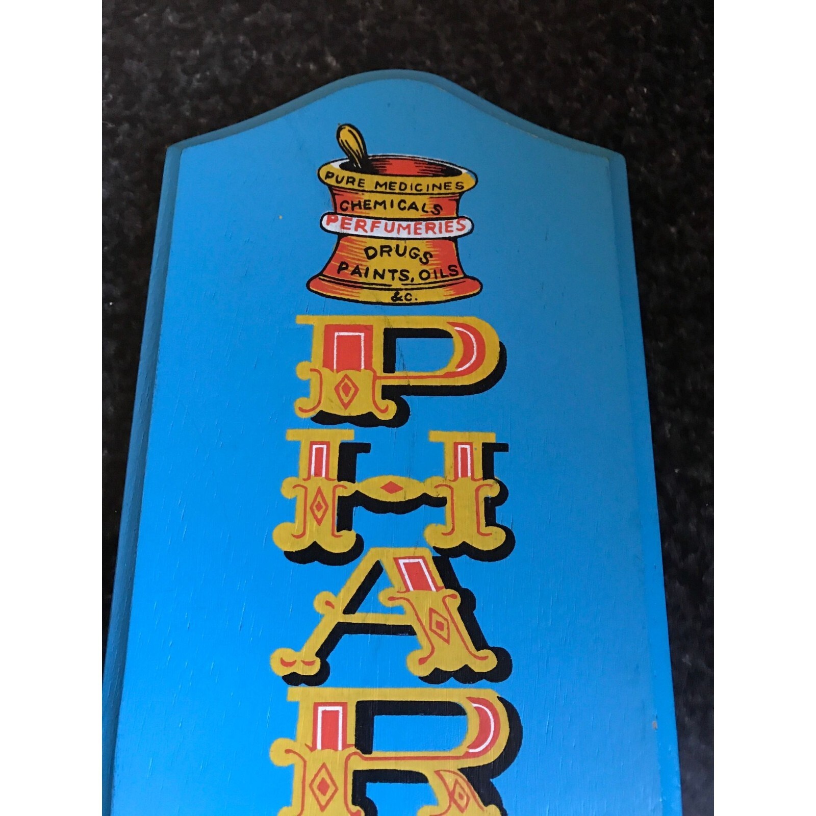 Vtg 1970 PHARMACIST Blue Wood Sign Plaque Viking Handmade Japan Original Label