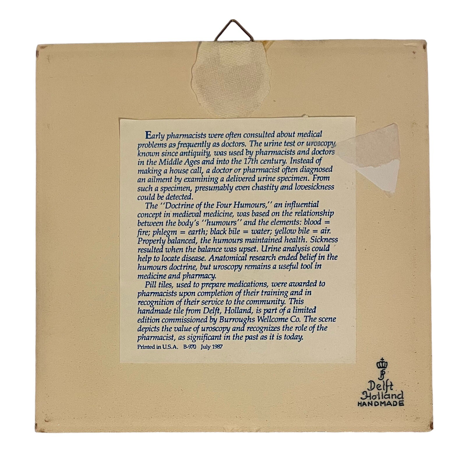 Delft Dutch Holland Burroughs Welcome Apothecary Pharmacist Ceramic Tiles SET 6