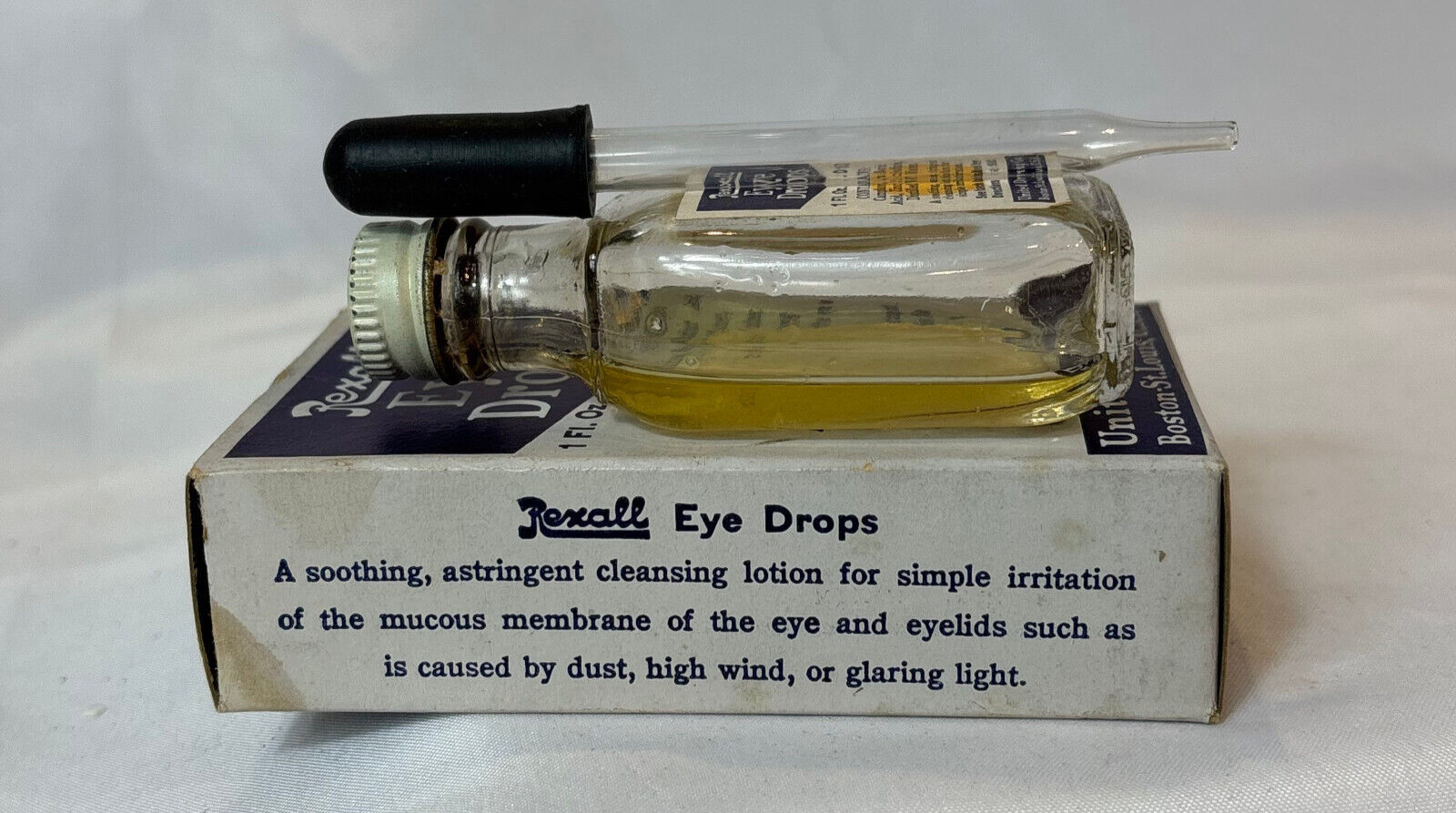 Vtg Rexall Eye Drops Clear Glass Bottle In Original Box 1 Fl Oz United Drug Co.
