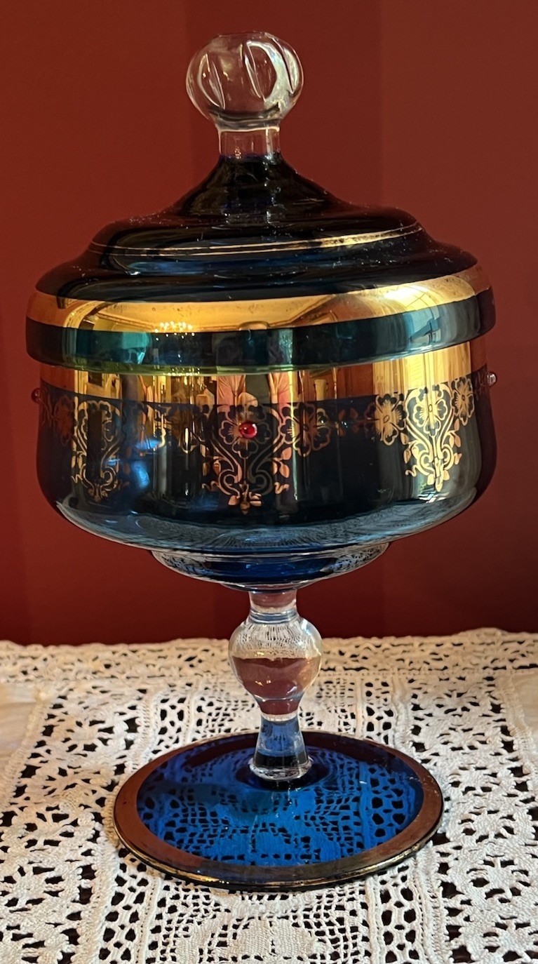 Vintage Azure Blue Handblown Glass Apothecary Jar w Lid 22K Gold