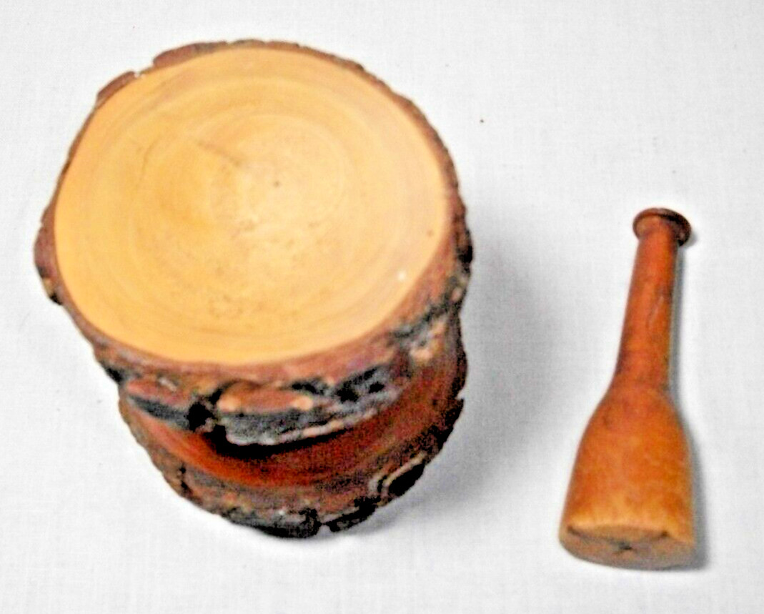 VINTAGE WOOD WITH BARK MORTAR & PESTLE SET