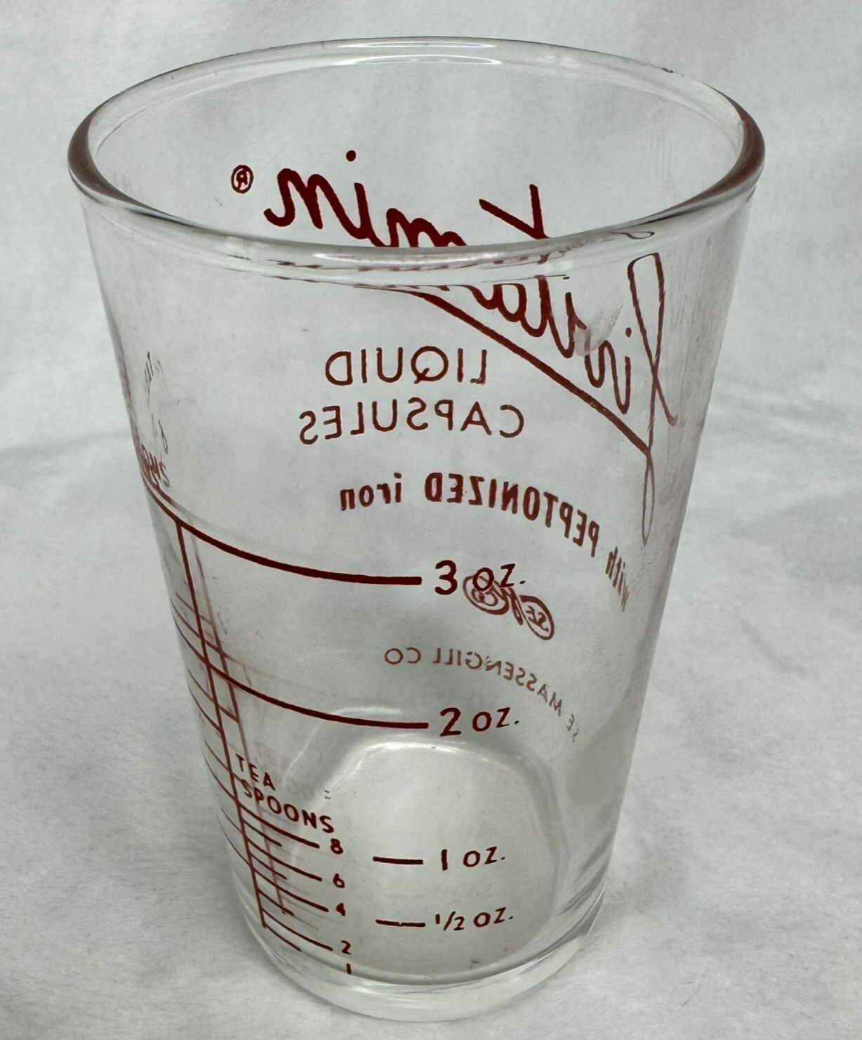 Vintage Massengill Co. Livitamin Liquid Capsules Measuring Glass 3 Oz Clear Red