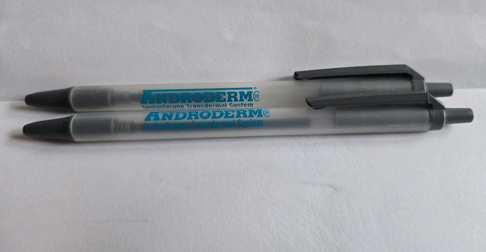 Androderm Plastic Pens x2 Pharmaceutical Drug Rep Promos Vintage Medical WRITES!