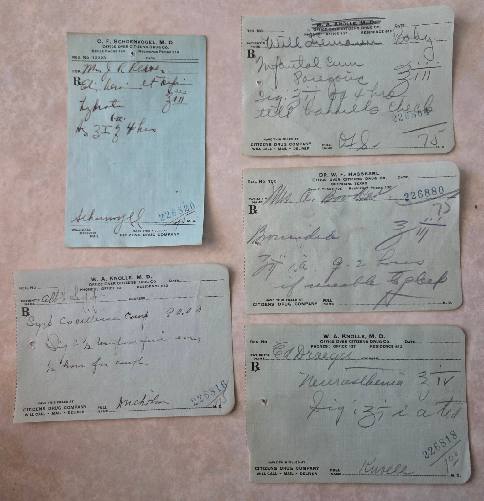 File box & 100 antique prescriptions (1926) – HEROIN, PAREGORIC, BROMIDE