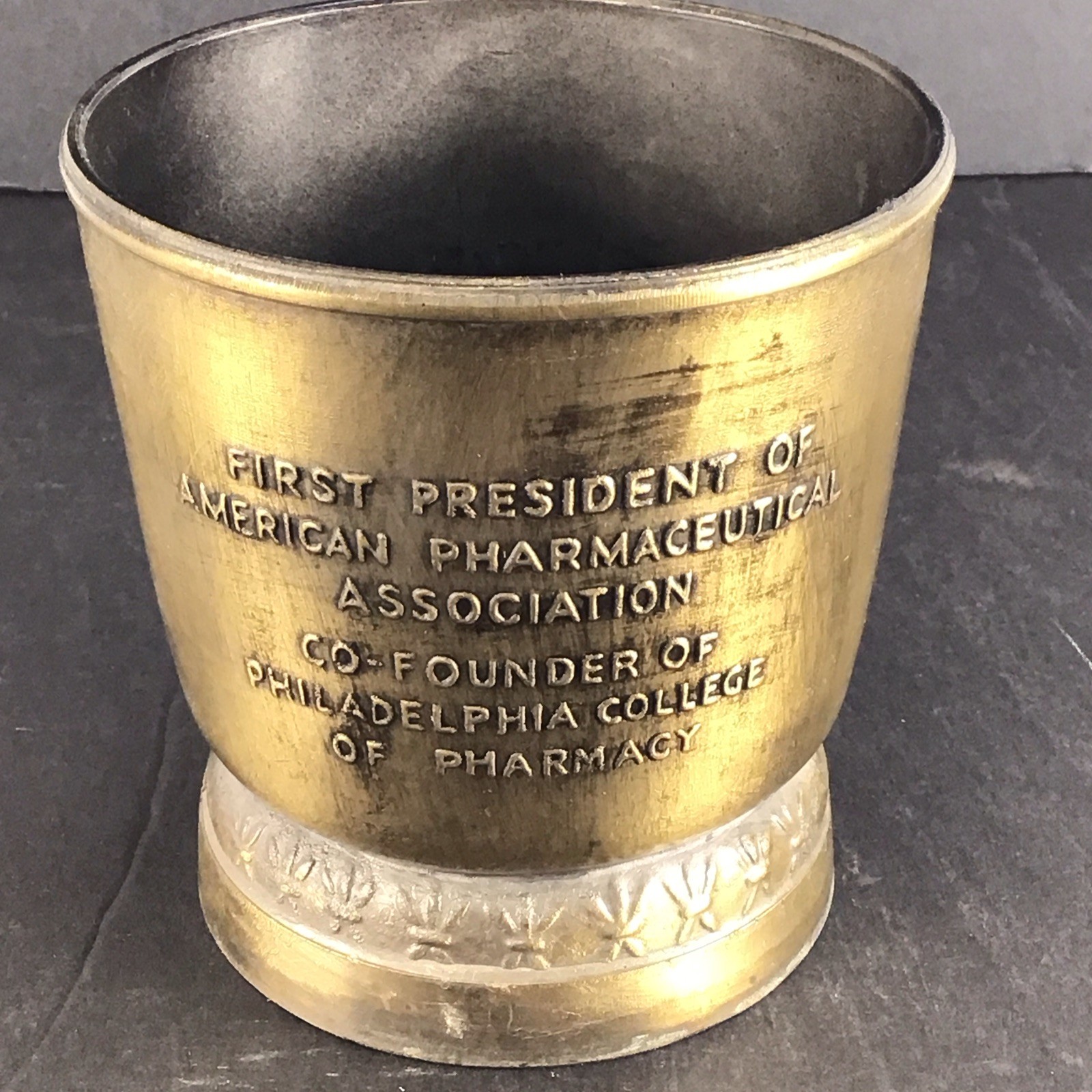 Vintage Brass Commemorative Pharmacy Mortar & Pestle Daniel B Smith