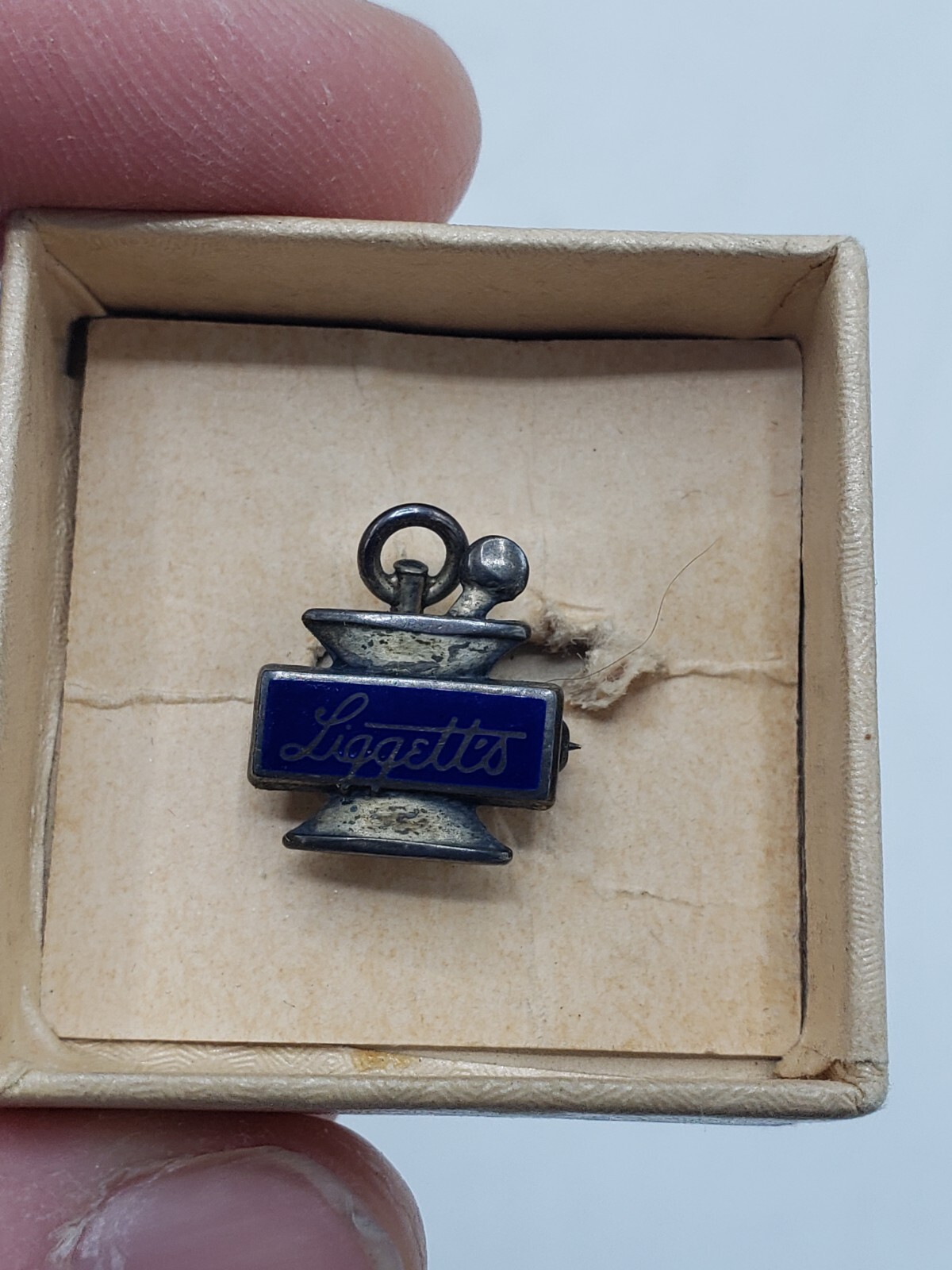 Liggett’s Pharmacy 10 Year Service Pin Sterling Silver Mortar & Pestle W/ Box